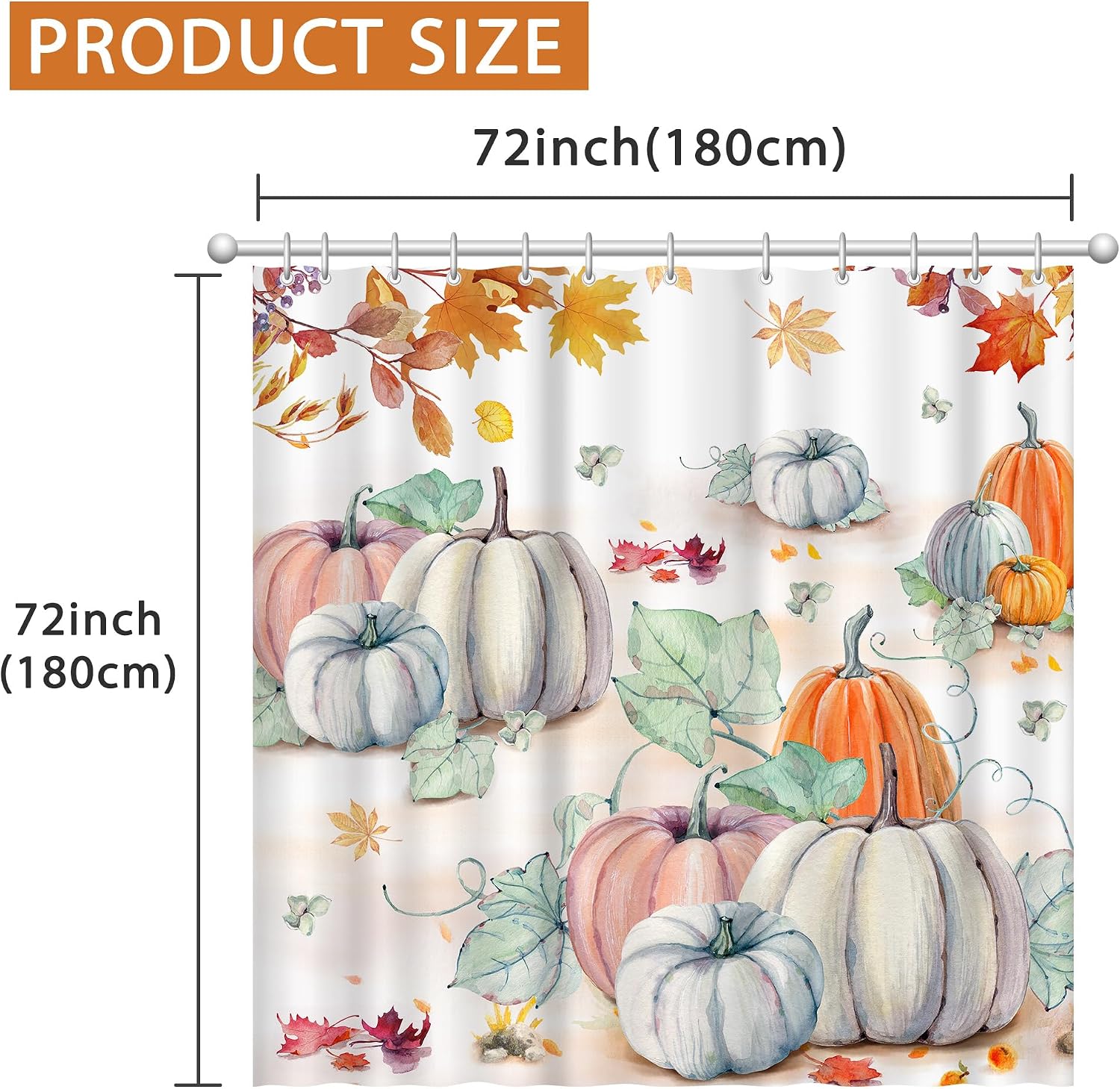 Pinata Fall Shower Curtain for Bathroom, Fall Shower Curtain with Watercolor Pumpkins, Autumn Shower Curtains, Farmhouse Fall Bathroom Decor, Leaves Shower Curtain 72"x72" with Hooks
