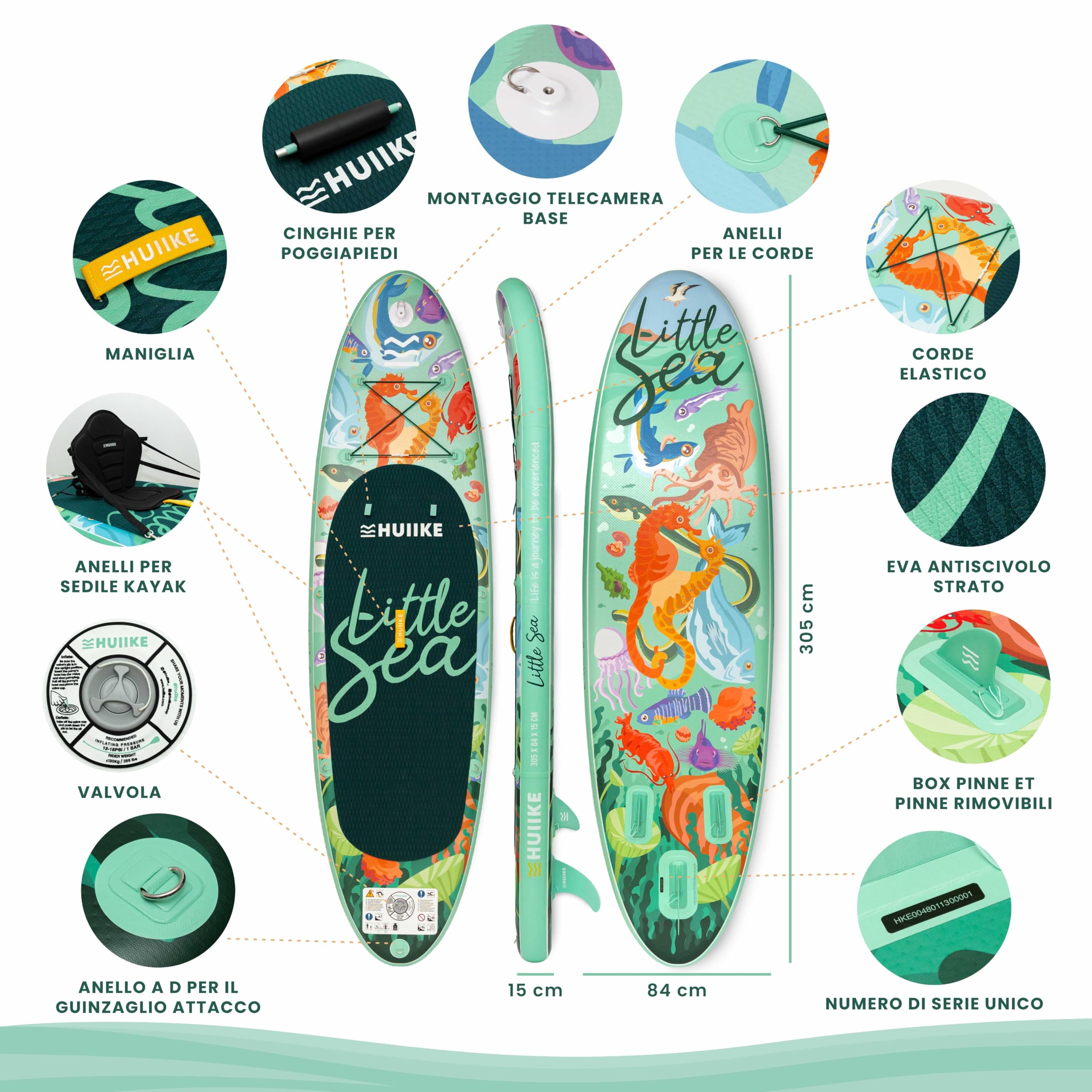 HUIIKE Tavola Sup Gonfiabile Adulti con Accessori Inclusi, Pagaia, Pinne, Pompa. Stand Up Paddle Board con Grande Stabilità e Resistenza. 305 x 84 x 15 cm, Carico Massimo 130 kg