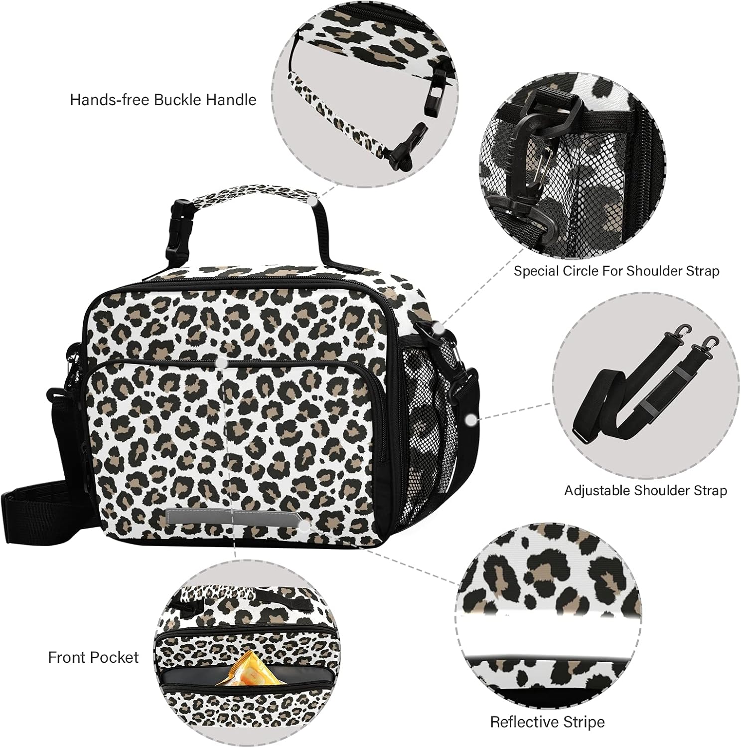 Leopard Cheetah Print Animal Skin Lunch Bag, Reusable Lunch Box for Women Men, Insulated Cooler Bag Lunch Tote Bag with Shoulder Strap for School Office Picnic Travel