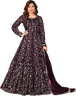 RUDRAPRAYAG Women's Net Embroidered Semi Stitch Top With Unstitch Santoon Bottom And Net Dupatta Anarkali Gown