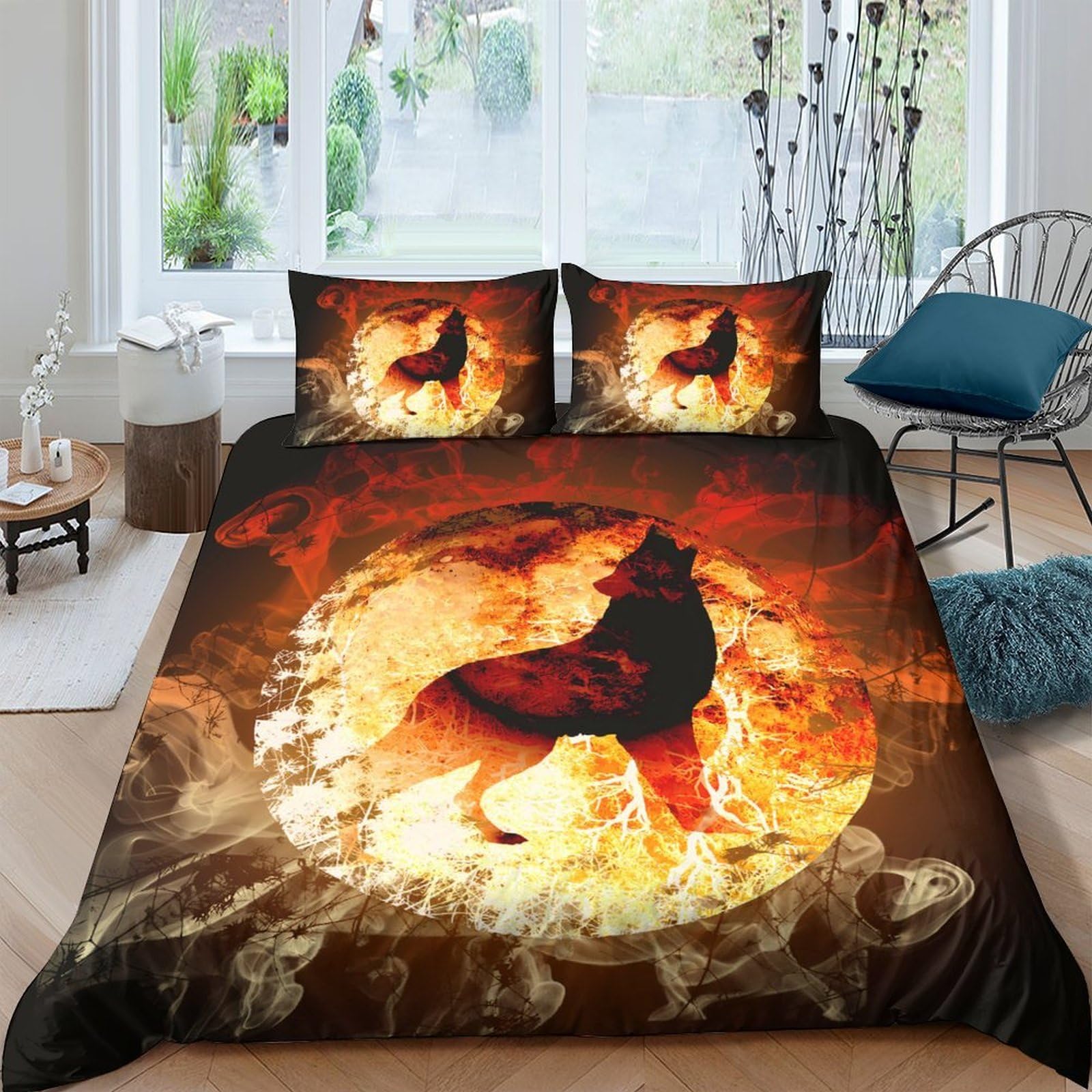 Ctjqhvkz Style-5 3D Printed Fiery Wolf Fitted Sheet Microfiber Bedroom Decor Wild Animal Mattress Cover For Home Guest Room Dorm Single（135X200cm）