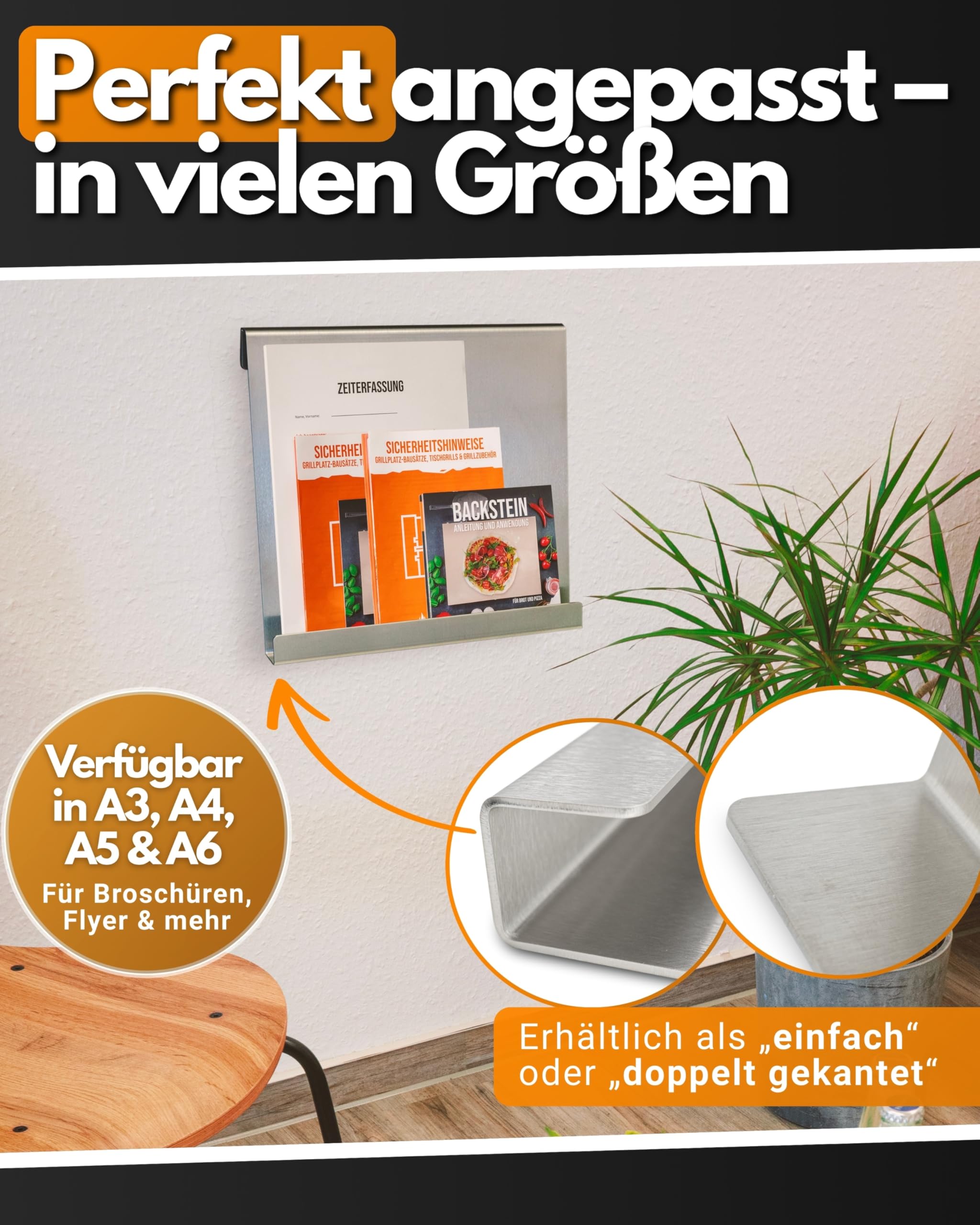 Feuerfest 123 Prospekthalter hoch A4 I Hochwertiger Zeitungshalter zum Hängen I Einfach gekanteter Wandprospekthalter aus 100% rostfreiem Edelstahl I Robuster Flyer-Ständer aus präziser Handarbeit
