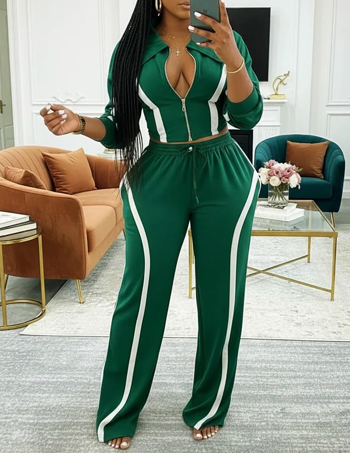 Women Striped 2 Piece Outfits Long Sleeve Zip Up Jacket Top and Wide Leg Pants Set Tracksuits with Pocket