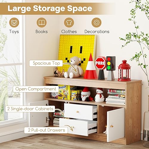 Miniatura 3 de Costzon Organizador de almacenamiento de juguetes, armario de madera para niños con 2 cajones, 2 armarios y estante abierto, organizadores de