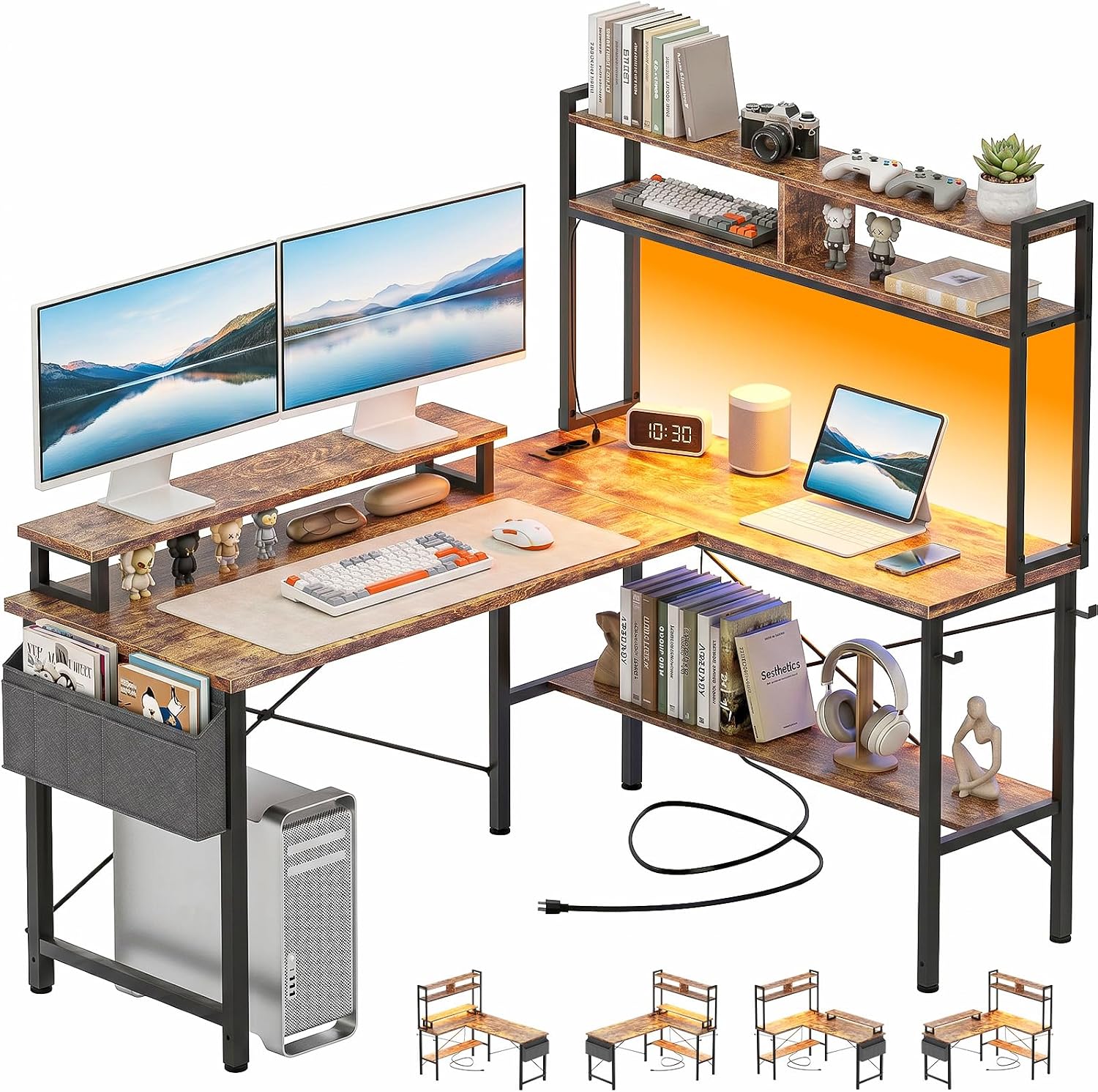 (-30%) Homieasy Gaming Tisch L-Form 124x90cm mit LED & Steckdosen, Vintage Braun