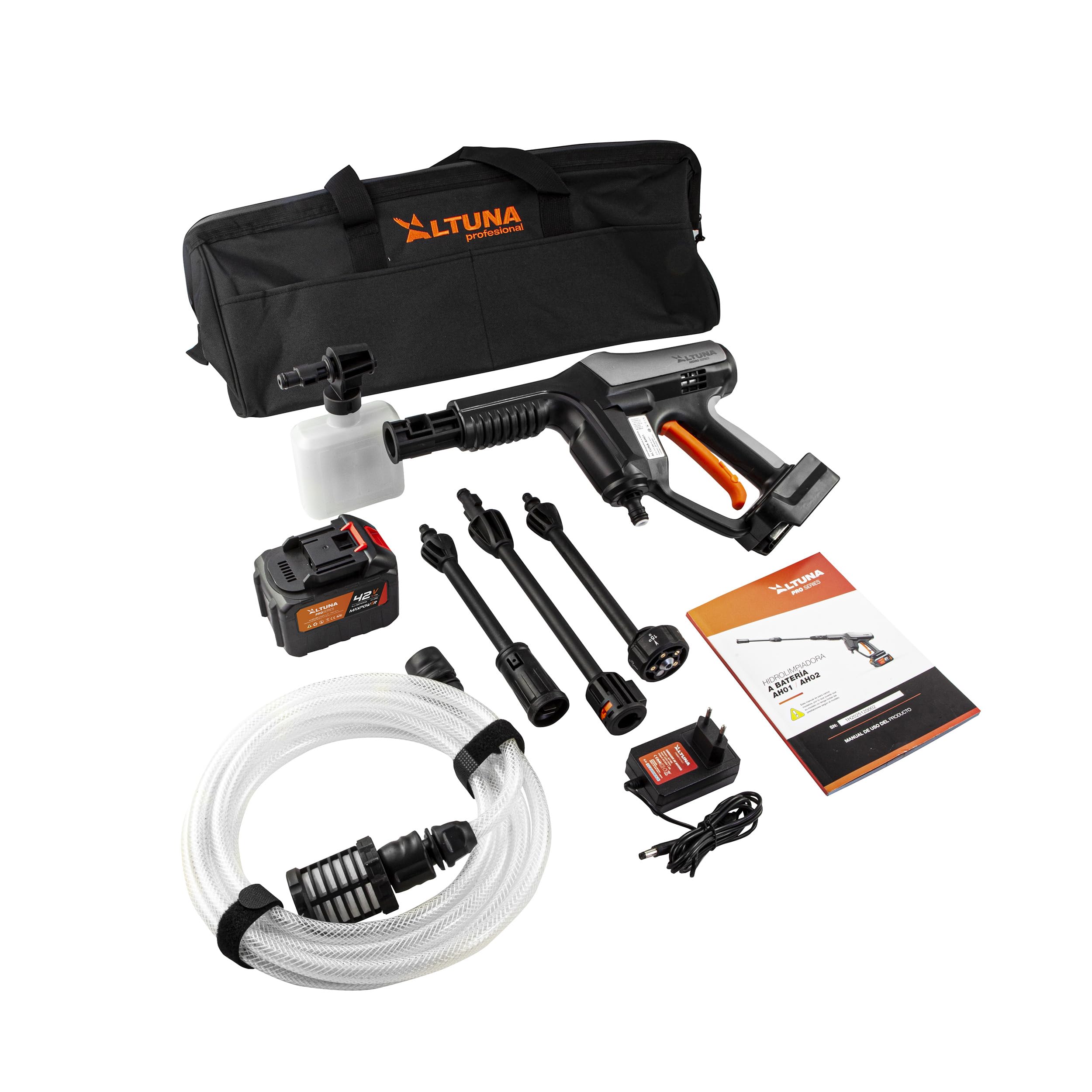 Altuna Hidrolimpiadora a Batería 42V – Pistola a Presión 55 Bar – Bomba de Aluminio – Toma de Agua Desde Cubo, Tanque o Grifo – Paro Automático TSS – Limpieza Exterior, Coche y Terraza – AH02