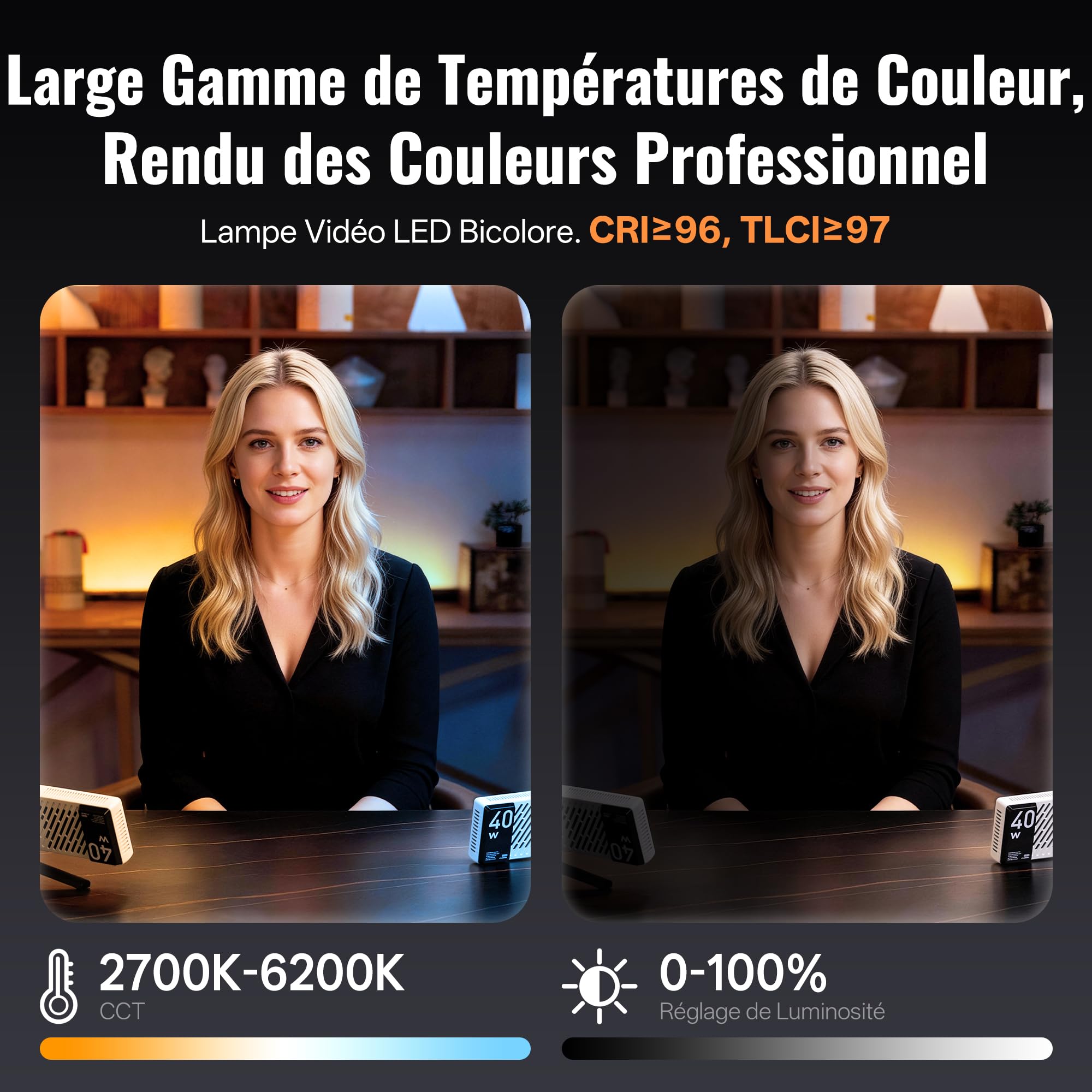 ZHIYUN FIVERAY M40 [Official] Panneau LED 40W, Lumiere Photo de Poche 320g | Lumiere Video avec Batterie, 14000 Lux, 2700-6200k, CRI≥96, TLCI≥97, Streaming Lampe Portable pour Youtube TikTok Livestream