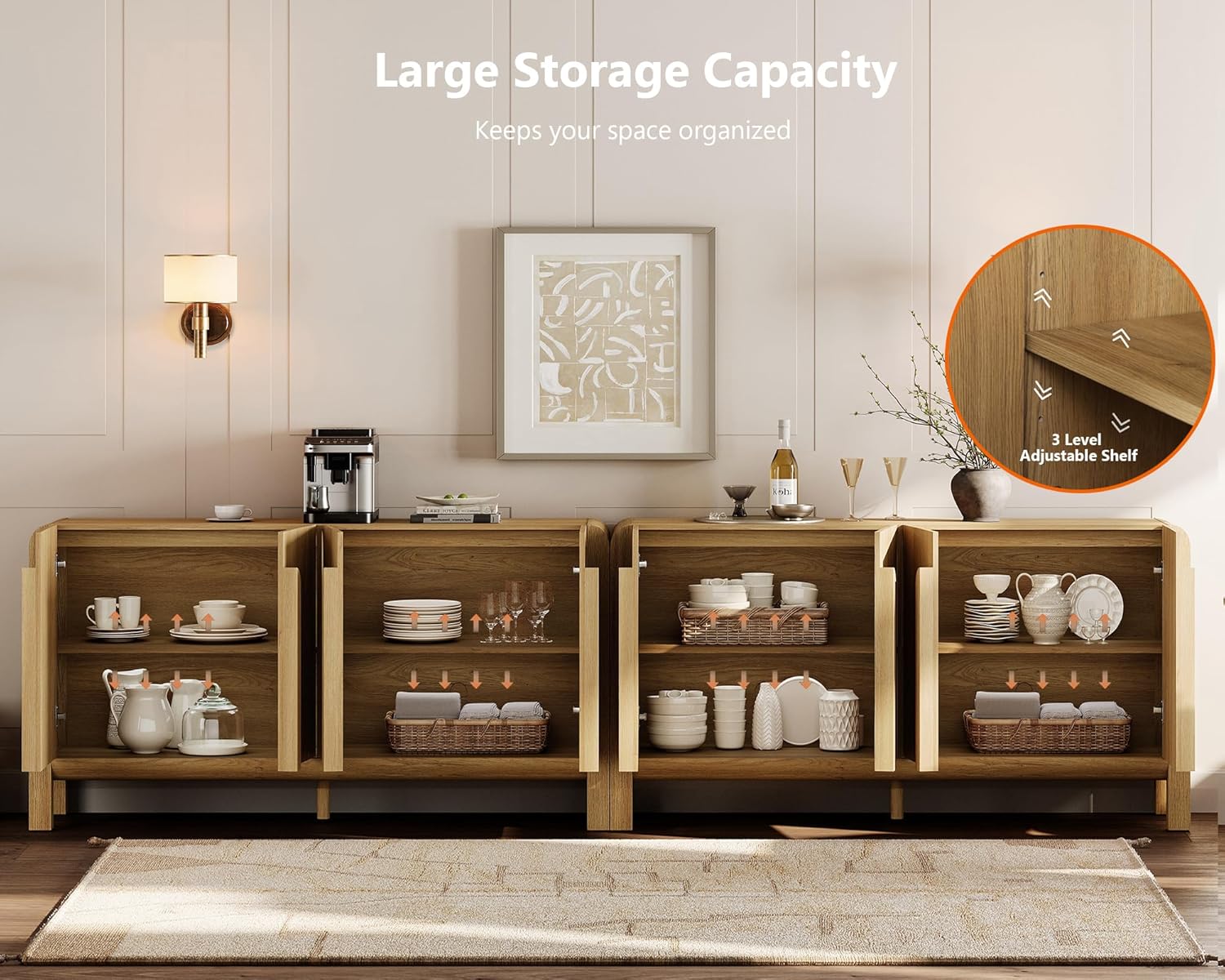 WAMPAT Modern TV Stand for TVs Up to 120 inches,126" W Farmhouse Entertainment Center with Adjustable Shelf and 4 Doors, Media Console Table TV Cabinet for Living Room, Light Walnut