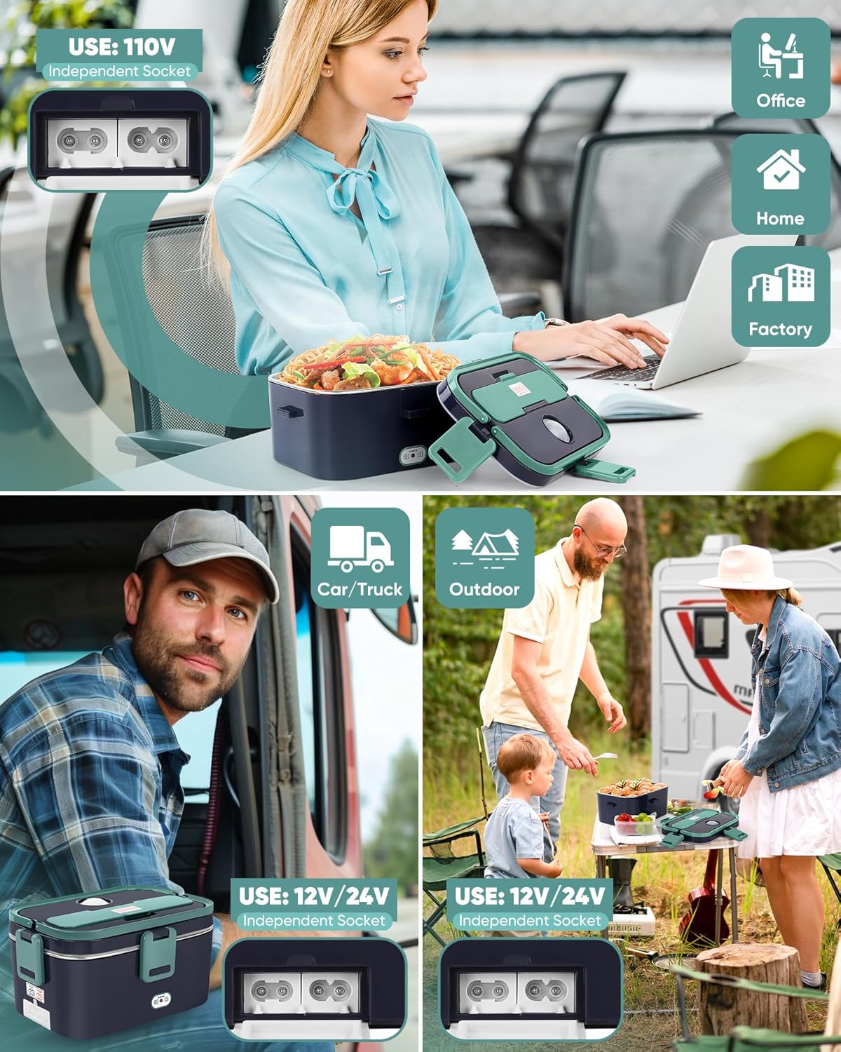 Eocolz Electric Lunch Box Food Heater Warmer 100W, 1.8L Portable Heated Lunch Box for Car Truck Work with Stainless Steel Container Fork & Spoon 12/24/110V Lonchera Eléctrica