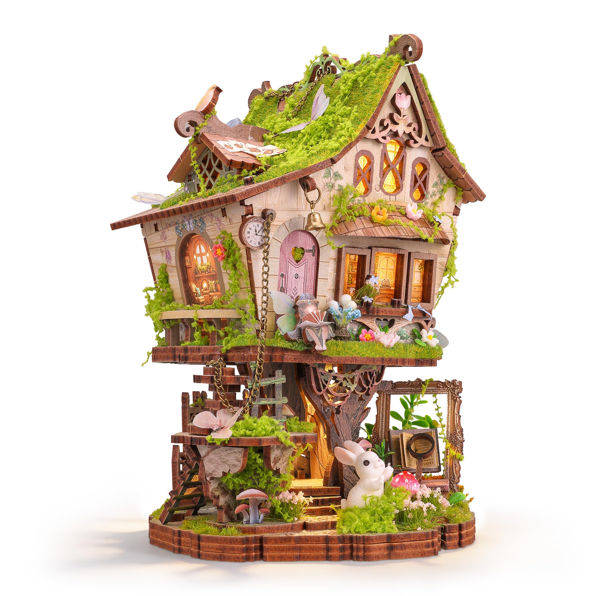 FUNPOLA 3D Holzpuzzle Rowan’s Treehouse mit LED-Licht – DIY Miniatur Baumhaus im Märchenstil, kreatives Holzmodell als Deko Geschenk für Erwachsene und Jugendliche (14+)