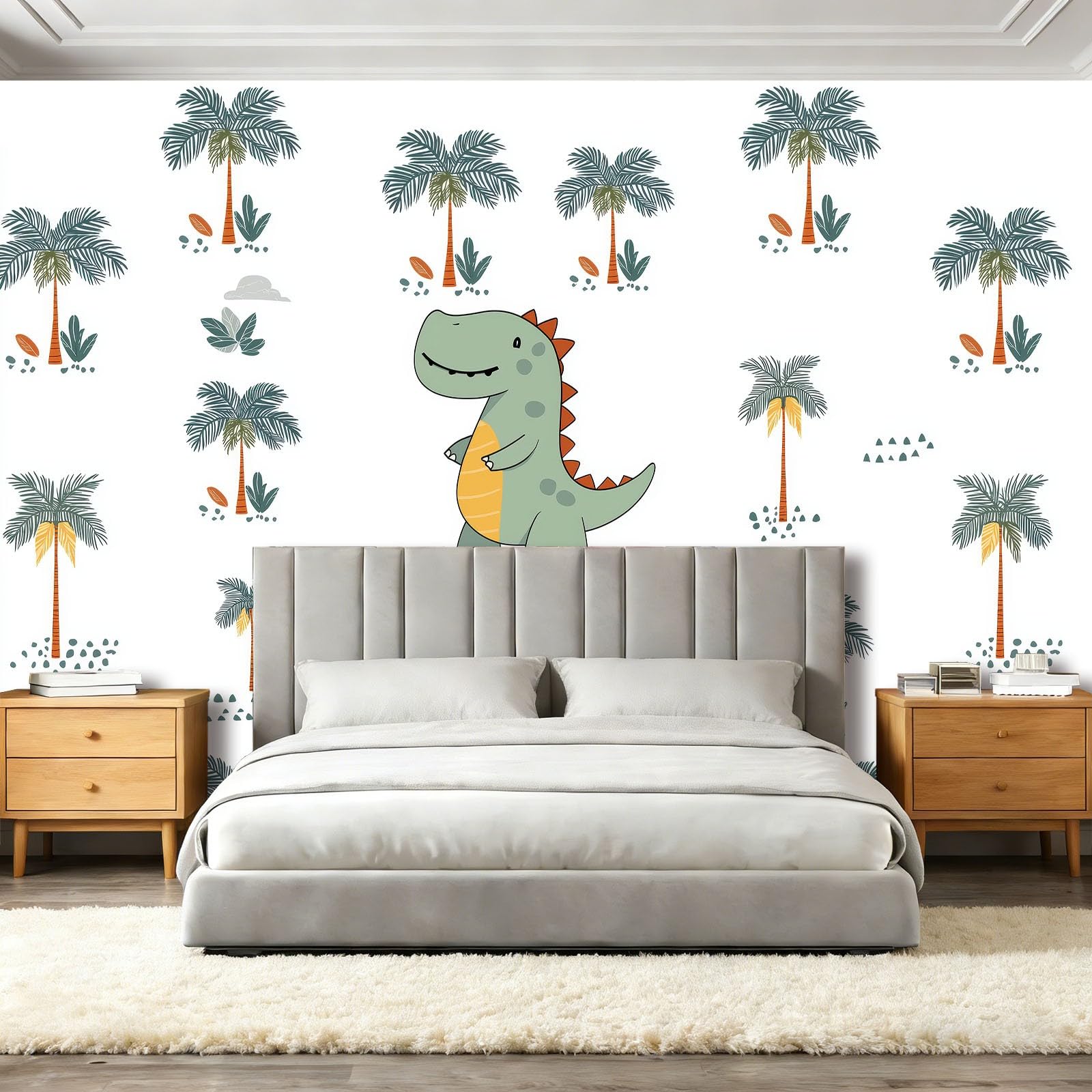 Fototapeta biała tapeta 250 x 175 cm (szer. x wys.), nowoczesna tapeta z włókniny, efekt 3D, dekoracja ścienna, kreskówka, dinozaur, zielona, palma, tapeta ścienna, do salonu, restauracji, pokoju