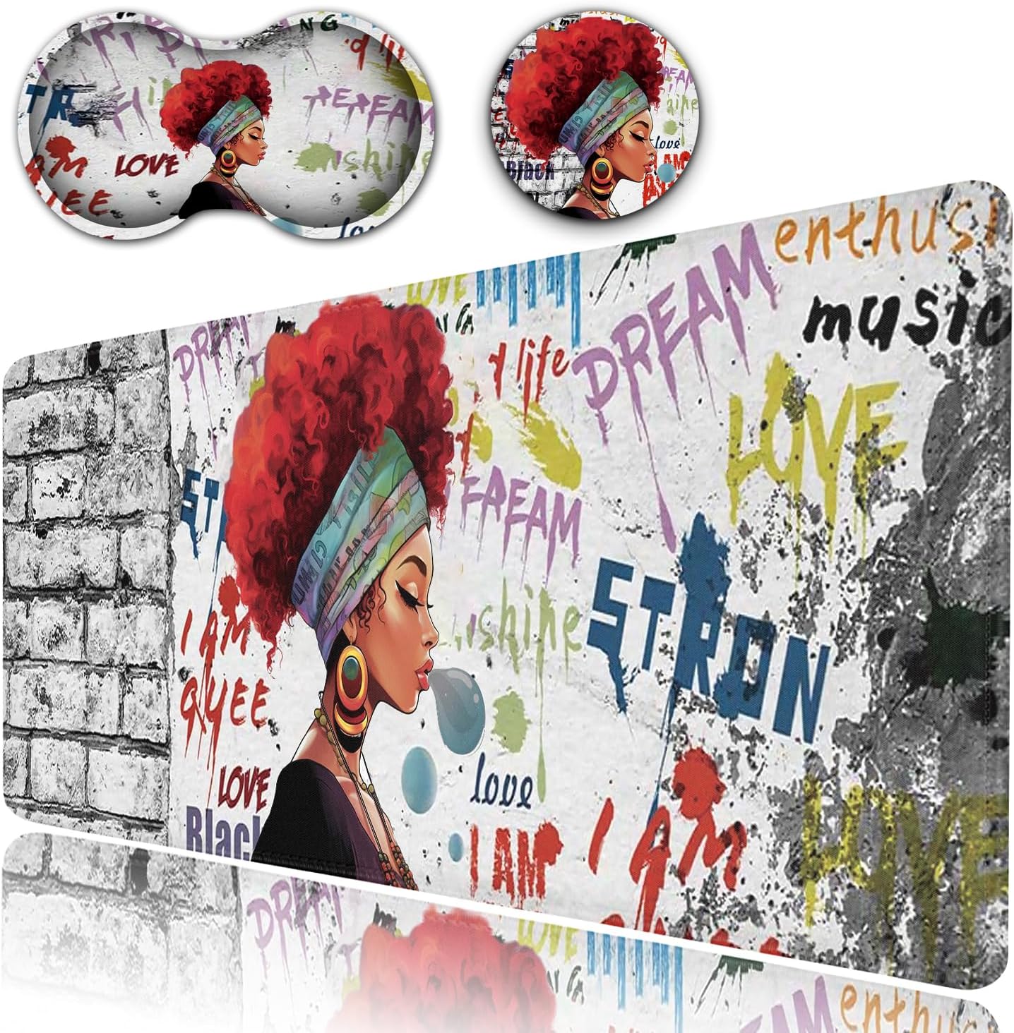 Desk Pad, Extended Large Mouse Pad with Stitched Edges (31.5X11.8In), Ergonomic Mouse Wrist Rest Support, Waterproof Computer Mouse Mat, African Black Woman Graffiti Girls XXL White Gaming Mouse Pad