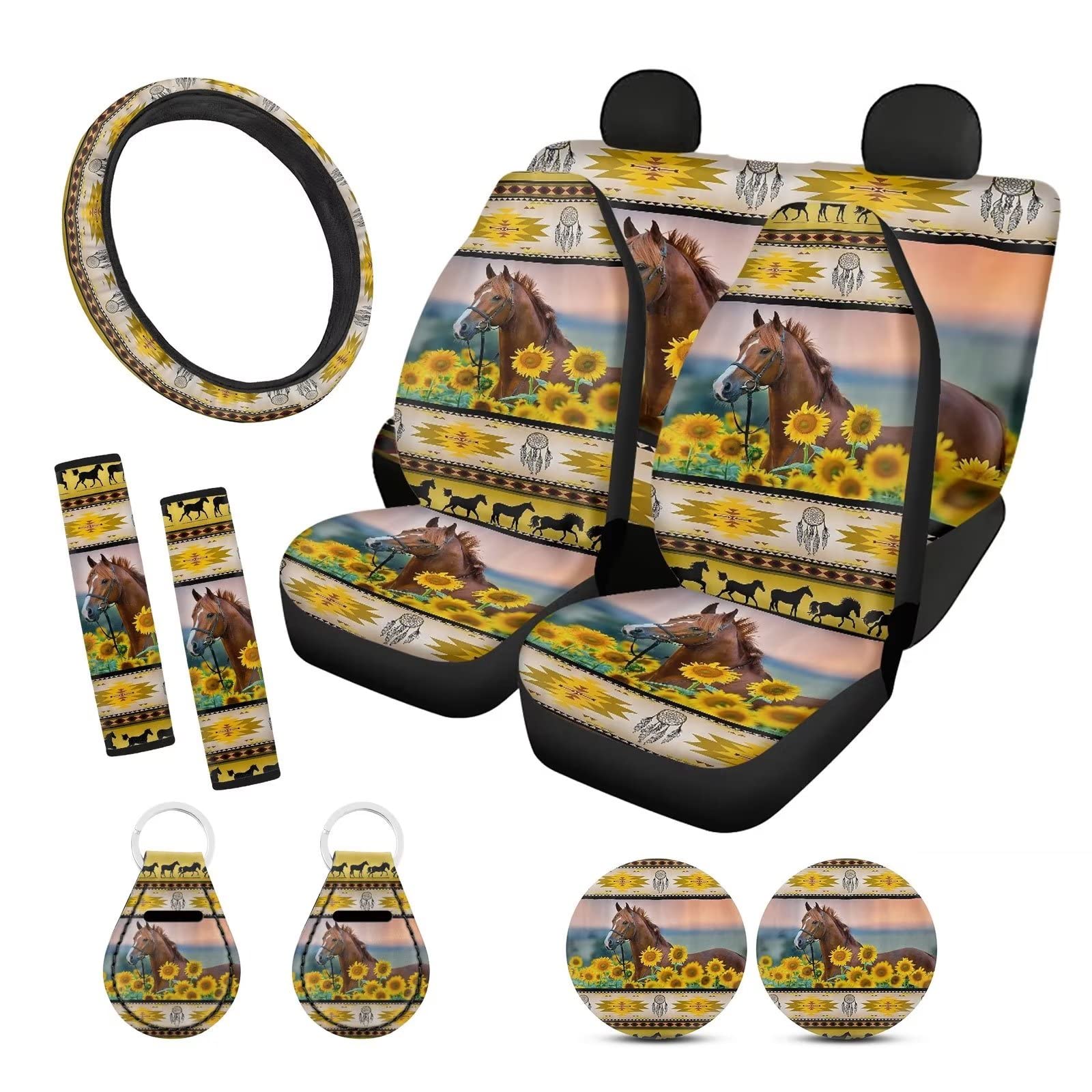 ZFRXIGN Boho Horse Sunflower Car Interior Accessories Set for Women Universal Front and Back Seat Cover Full Set Aztec Steering Wheel Cover+Seat Belt Cover+Auto Cup Coasters+ Key Chains