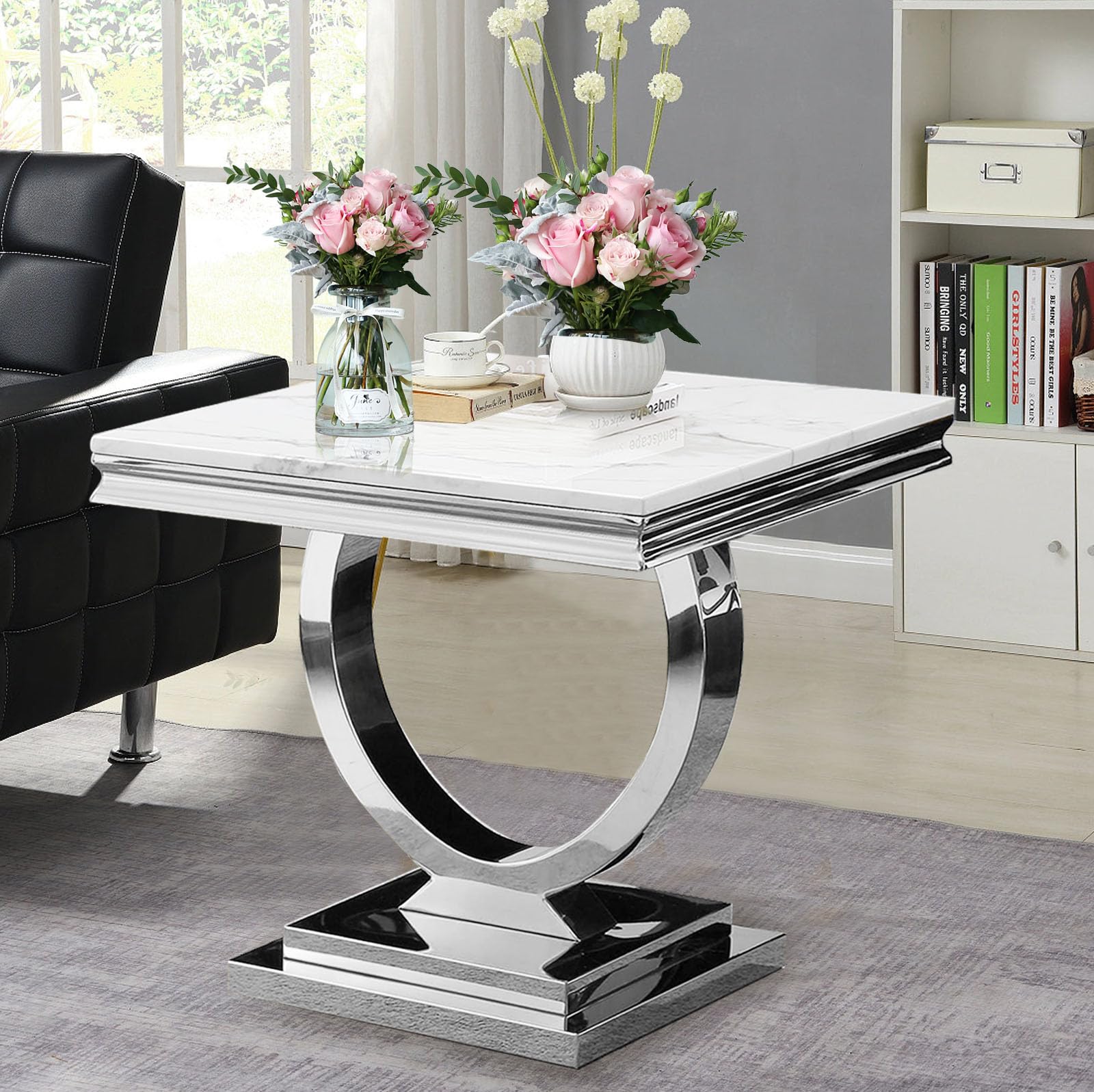 Binrrio Marble End Table, Modern Square White Faux Marble Living Room Table, Luxury Side Table Nightstand Bedside Table Small Coffee Accent Table w/Silver Mirrored Finish U-Shape Stainless Steel Base