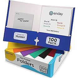 Paper Folders with Pockets (100 Pack) Assorted Colors - Letter Size Two Pocket Folder, Premium Quality Bulk - Purple, Blue, Green, Red, Yellow, Orange & Black, by Enday