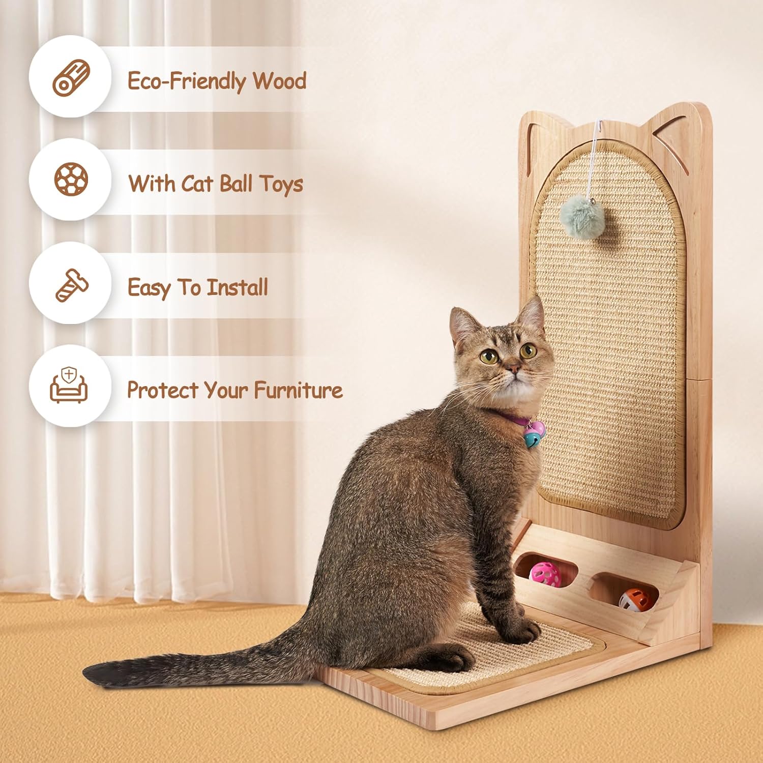 review L Shape Cat Scratcher, Sisal Cat Wall Scratcher with Cat Ball Toy, Wood Cat Scratching Board for Couch Protector, Cardboard Cat Scratching with Ball Toy, Cat Wall Furniture for Cats