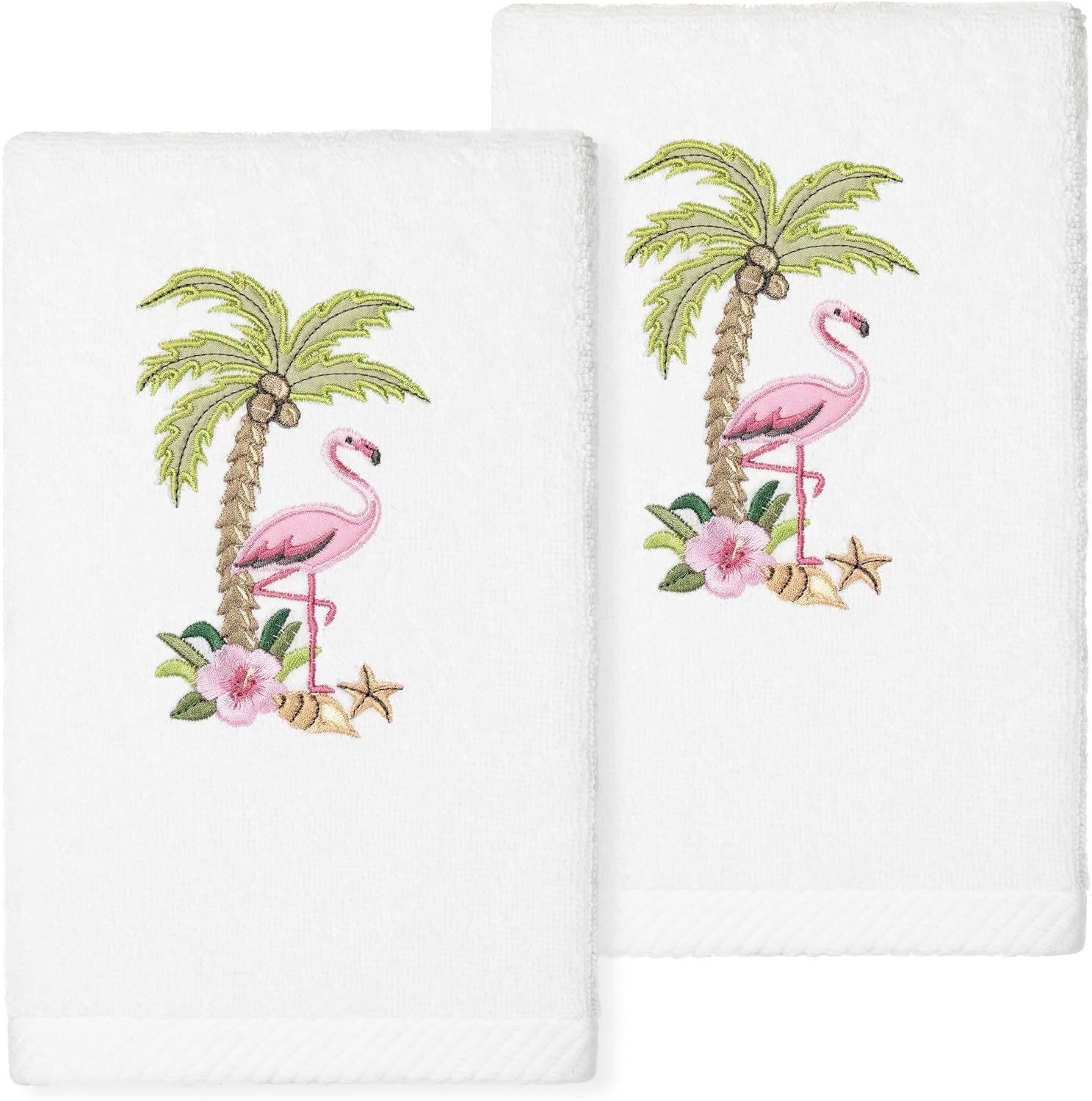 Tropic 2-Piece Hand Towel Set, Premium Turkish Cotton, Tropical Flamingo & Palm Embroidery, Soft & Highly Absorbent, Ideal for Exotic Bathroom Elegance, White Color