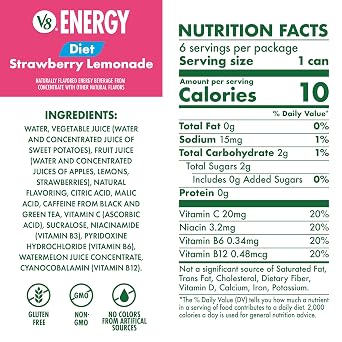 V8 Energy Diet Strawberry Lemonade Juice Energy Drink, 8 fl oz Can (6 Pack)