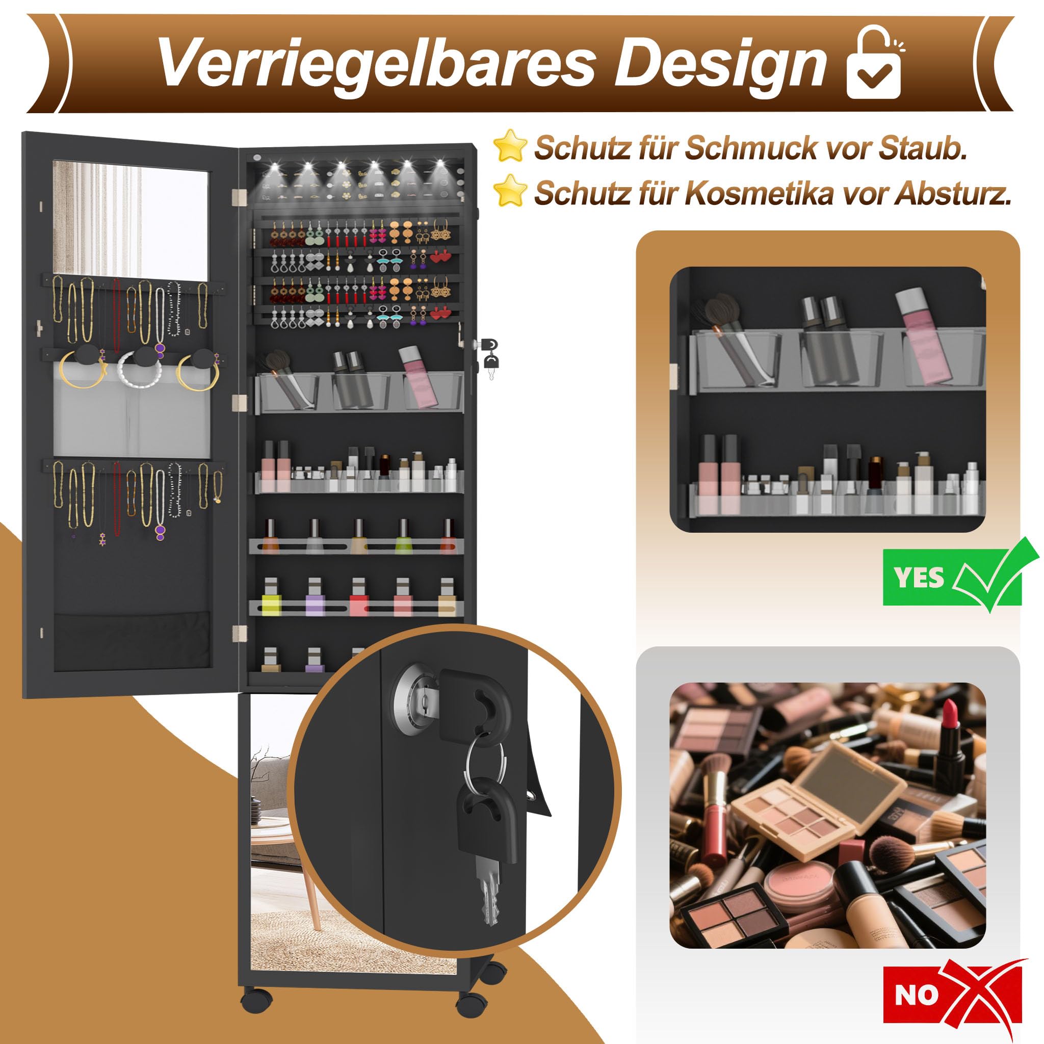 FIVMEN Schmuckschrank mit Spiegel Spiegelschrank Schminkschrank mit Rollen und 6 LEDs Abschließbar Schmuckaufbewahrung Make-Up Organizer 3 in 1 mit Ganzkörperspiegel Standspiegel, Schwarz
