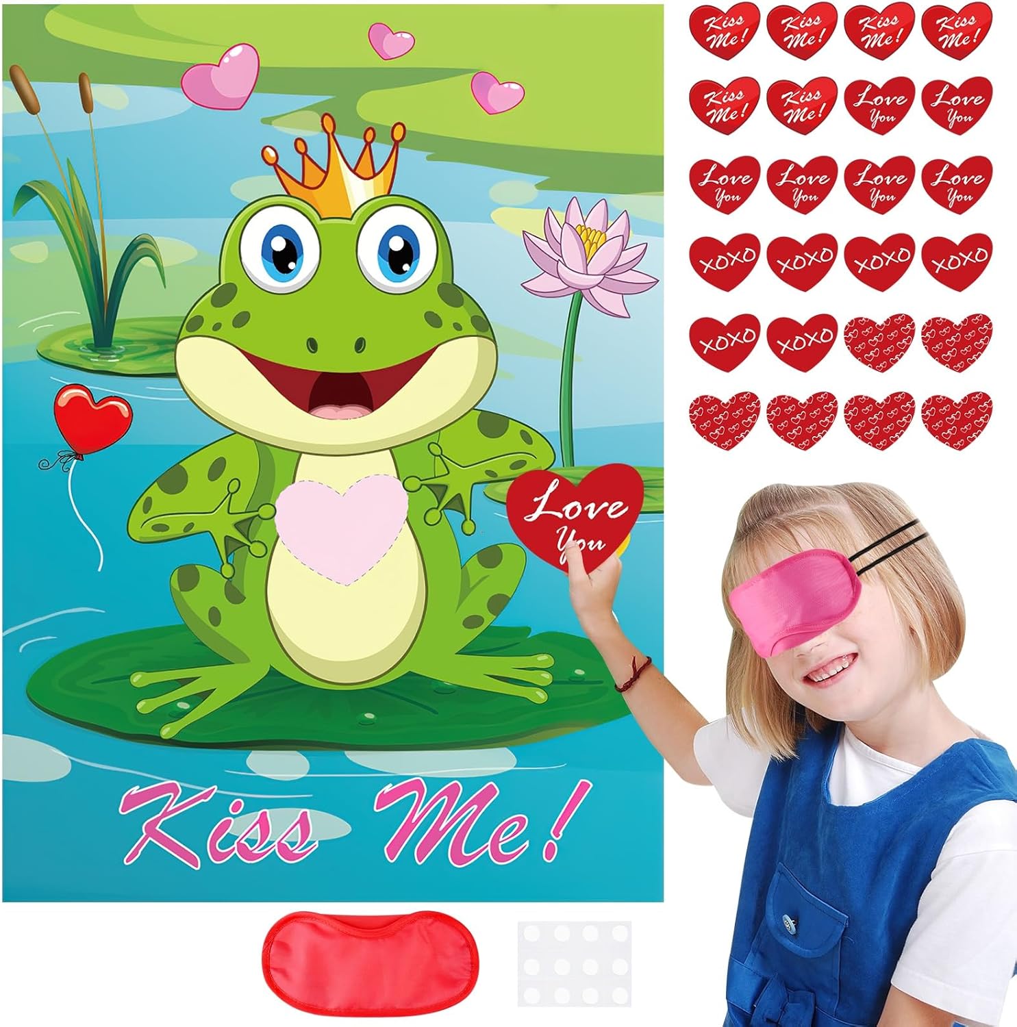 PLULON Valentines Game for Kids Pin the Heart on the Bear with 24 Heart Stickers Poster Backdrop for Girl Boy Valentines Party Decor School Family Classroom Activities Valentines Party Favor Supplies