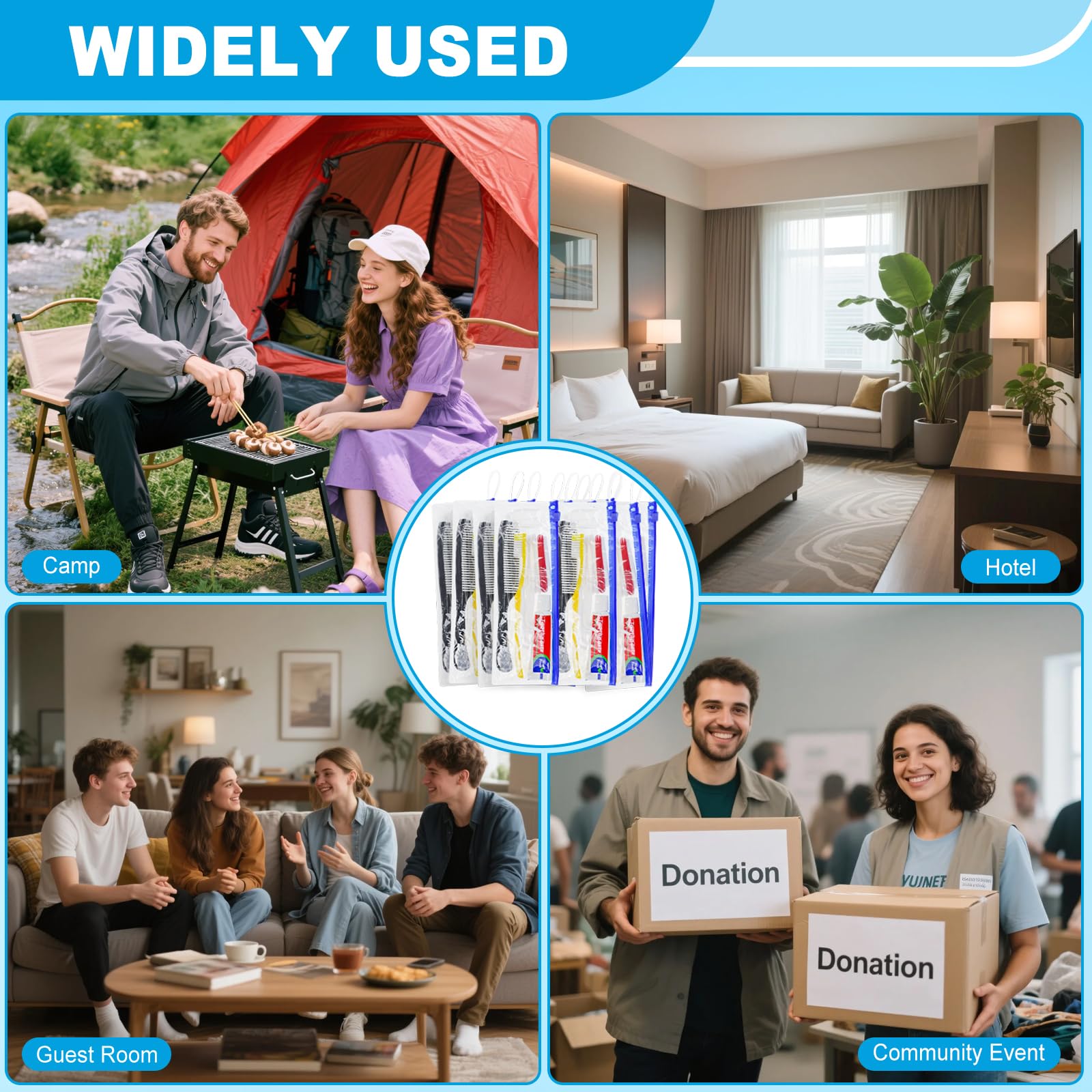 Kit per l'igiene personale, confezione da 30, spazzolini usa e getta gialli con copertura per dentifricio, pettine e set da toeletta per hotel, kit da viaggio di base per senzatetto