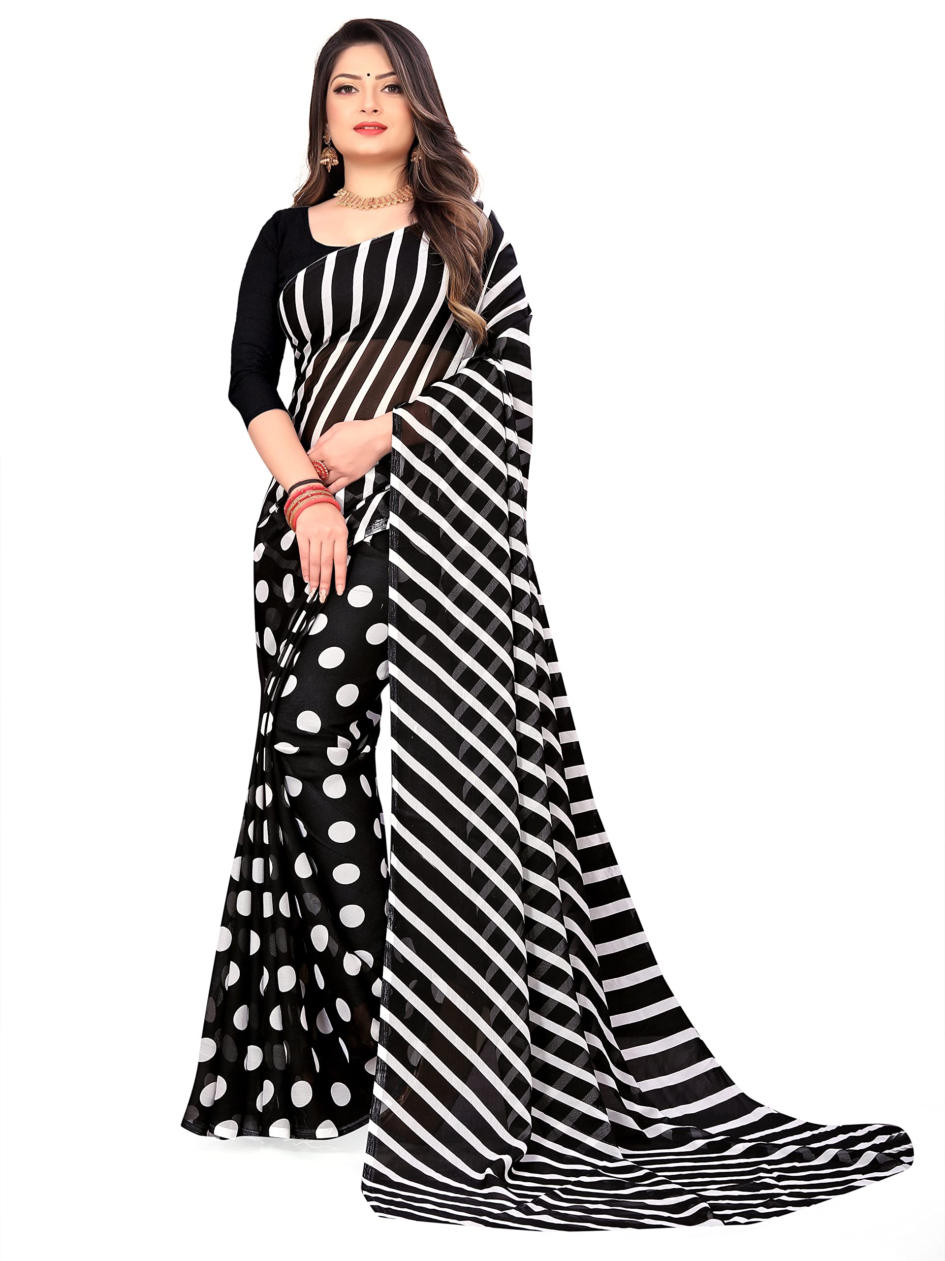 Striped, Polka Print Georgette Saree (Black)-image-10