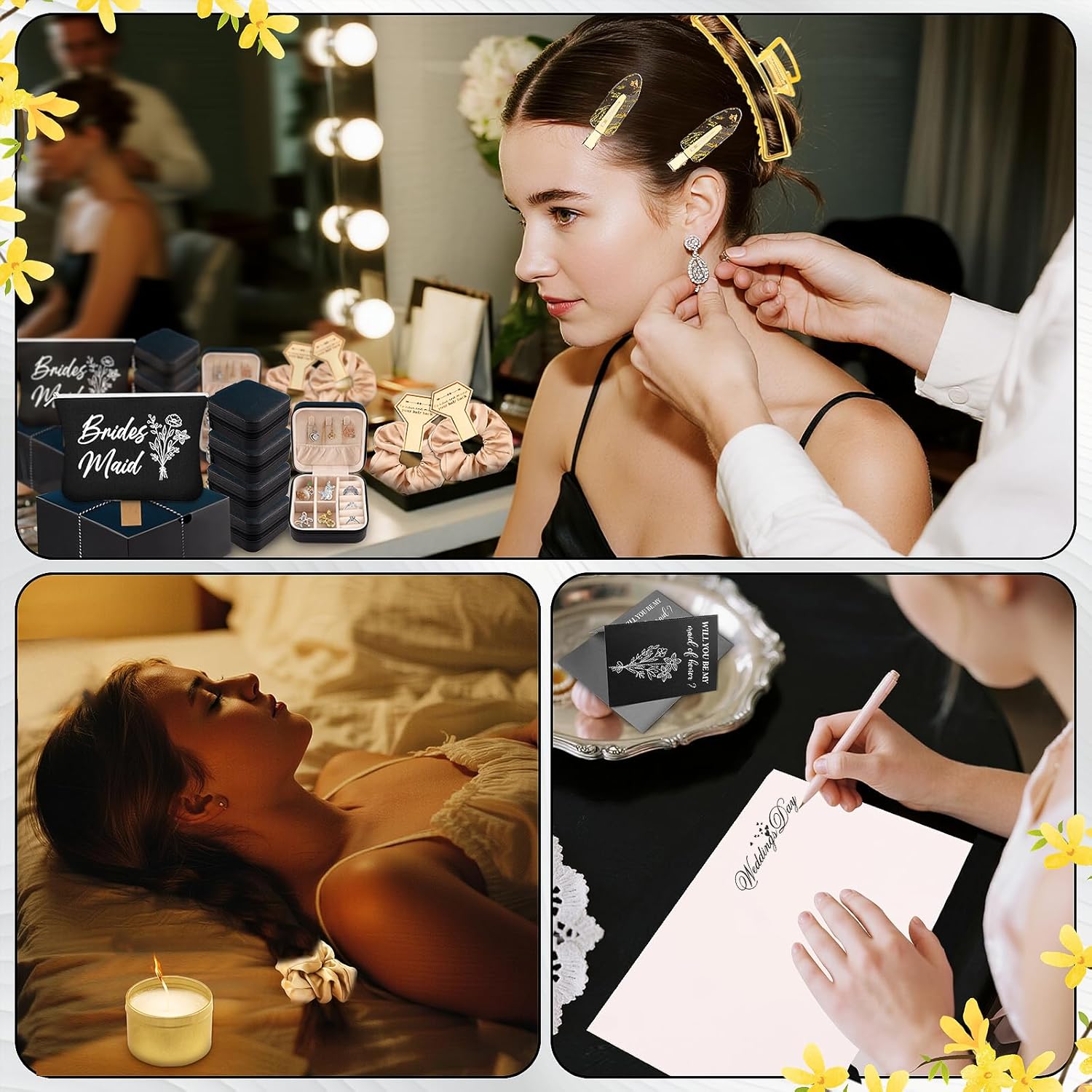 CITYCHALET 49Pcs Bridesmaid Gifts Set of 4 Black,Maid of Honor Proposal Gift Boxes Set,Cosmetic Bag Scented Candle Jewelry Box Metal Hair Clip Knot Bracelet Bachelorette Party Bridal Shower