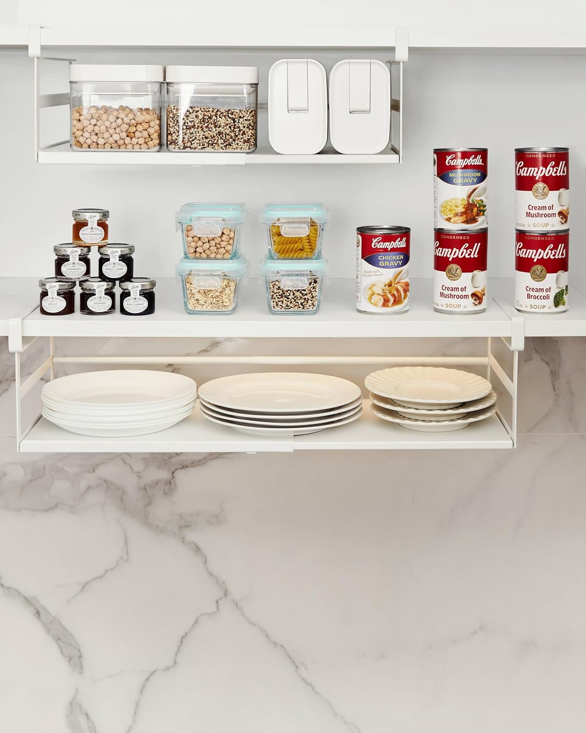 Under Shelf Storage Basket Expandable Organizer, 2 Pack Hanging Baskets Under Cabinet Shelf, Add-on Space Saver Pantry Kitchen Cupboard Desk Counter Bookshelf, Heavy-Duty Slide-in White