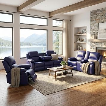 Manual Leather Reclining Living Room Furniture Set, Blue Leather Reclining Couch Set with Cup Holders/Storage Console, 3 Piece Leather Recliner Couches for Living Room
