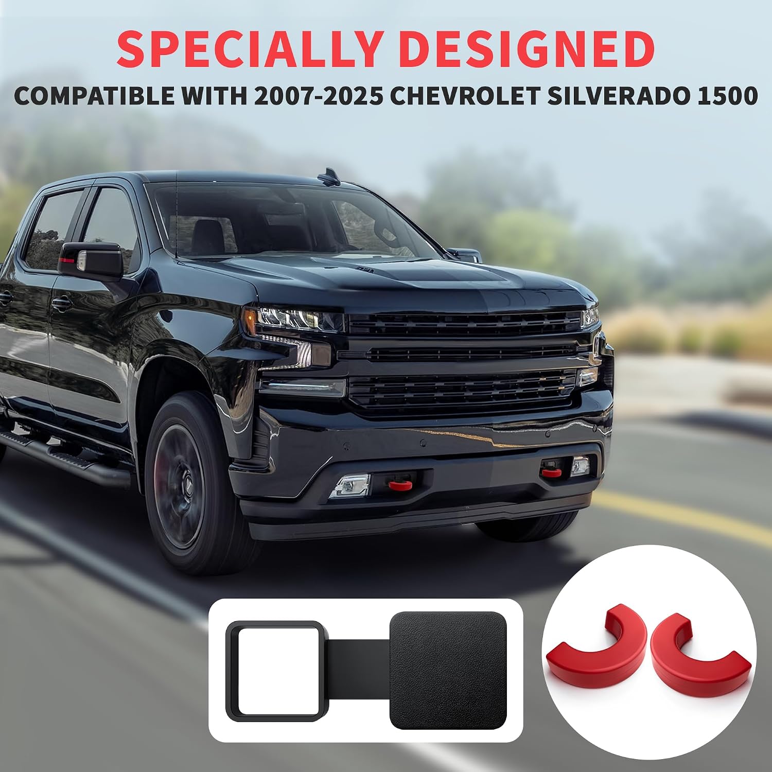 Tow Hook Cover for 2007-2025 Chevy Silverado 1500/2007-2018 GMC Sierra 1500,Customized 2 Inch Silicone Trailer Hitch Cover Chevrolet Silverado 1500 Accessories Trim Set (Red-Black)