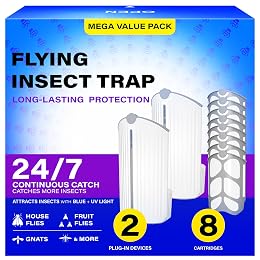 BuggyBands Flying Insect Trap, Fruit Fly Trap Plug in Indoor Bug Catcher with 8 Refill for Gnats, Moths, House & Fruit Flies - Refill Compatible with ZevoM364A/Max (2 Devices + 8 Refills)