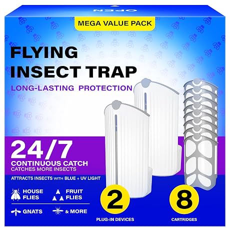 BuggyBands Flying Insect Trap, Fruit Fly Trap Plug in Indoor Bug Catcher with 8 Refill for Gnats, Moths, House & Fruit Flies - Refill Compatible with ZevoM364A/Max (2 Devices + 8 Refills)