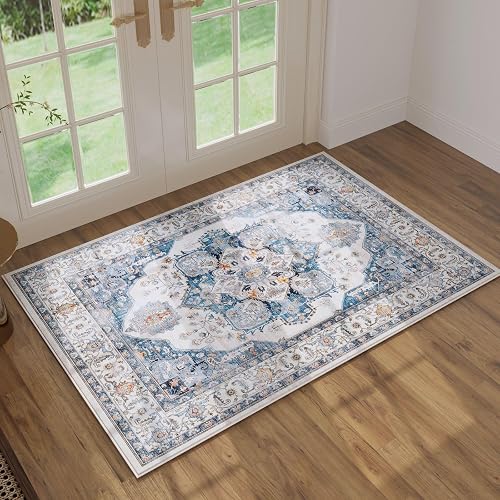 Rugcomf Vintage Medallion Rugs for Entryway 2'x3' - Door Mat Indoor Entrance, Machine Washable Area Rug, Non-Slip Low Pile Boho Carpet for Kitchen, Front Door, Bedroom, Kids Room - Blue