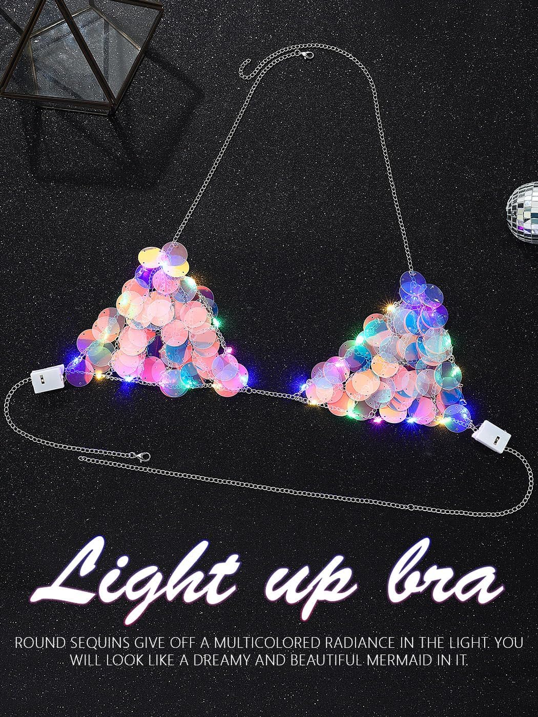 GRAEEN Light Up Big Sequin Bra Top Glow Halter Mermaid Tops for Women