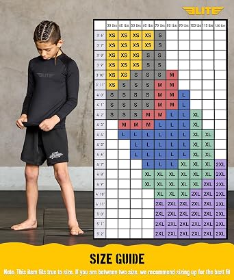Elite Sports Kids BJJ Rash Guard Boys Girls Long Sleeve Compression Shirt MMA Wrestling No Gi Grappling Training