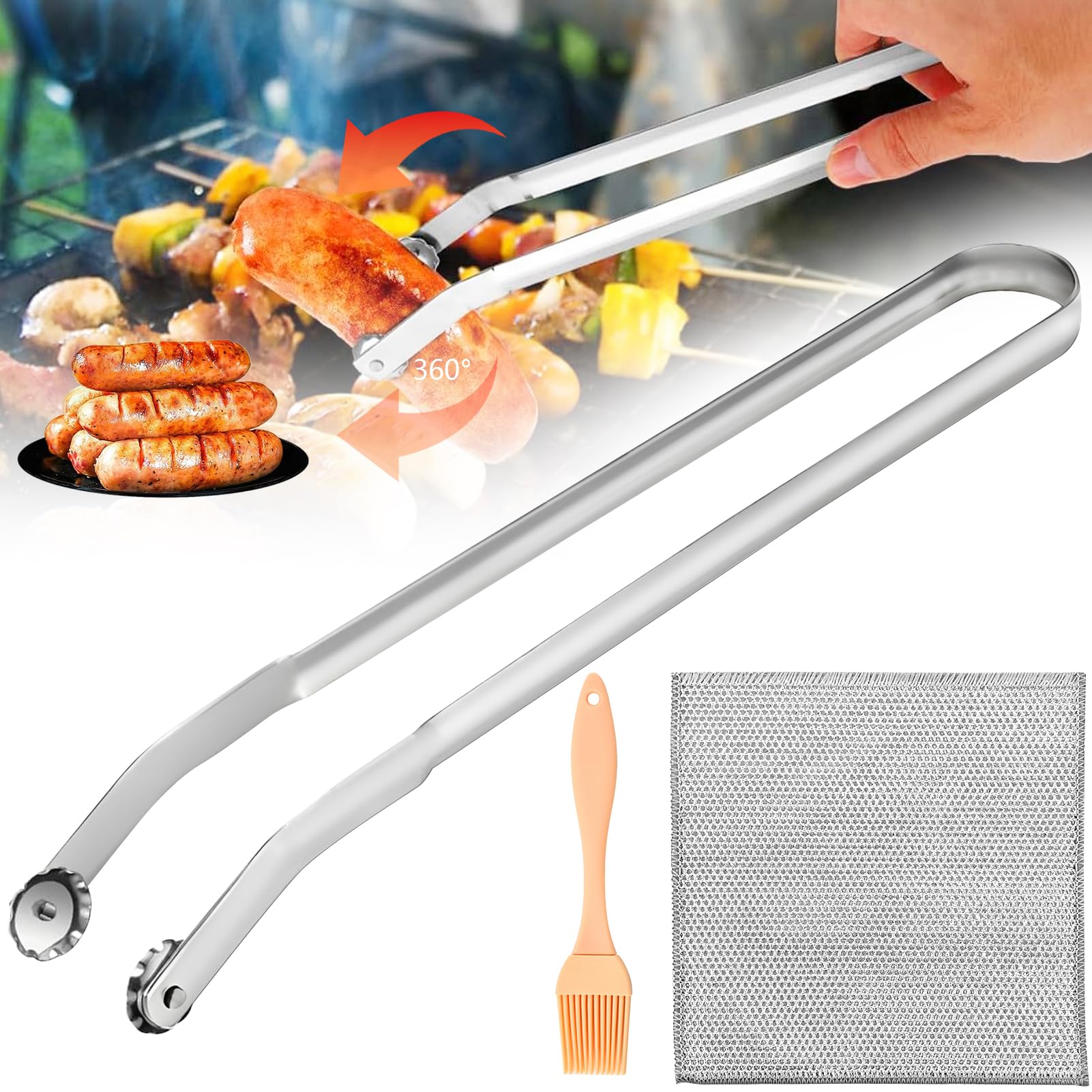 Pince à Saucisse BBQ,Pince Barbecue Roulette,Pince à Retourner les Saucisse,Pince Barbecue Inox à Roulettes,Pince Barbecue Rotative,Pour Cuisine,Barbecue