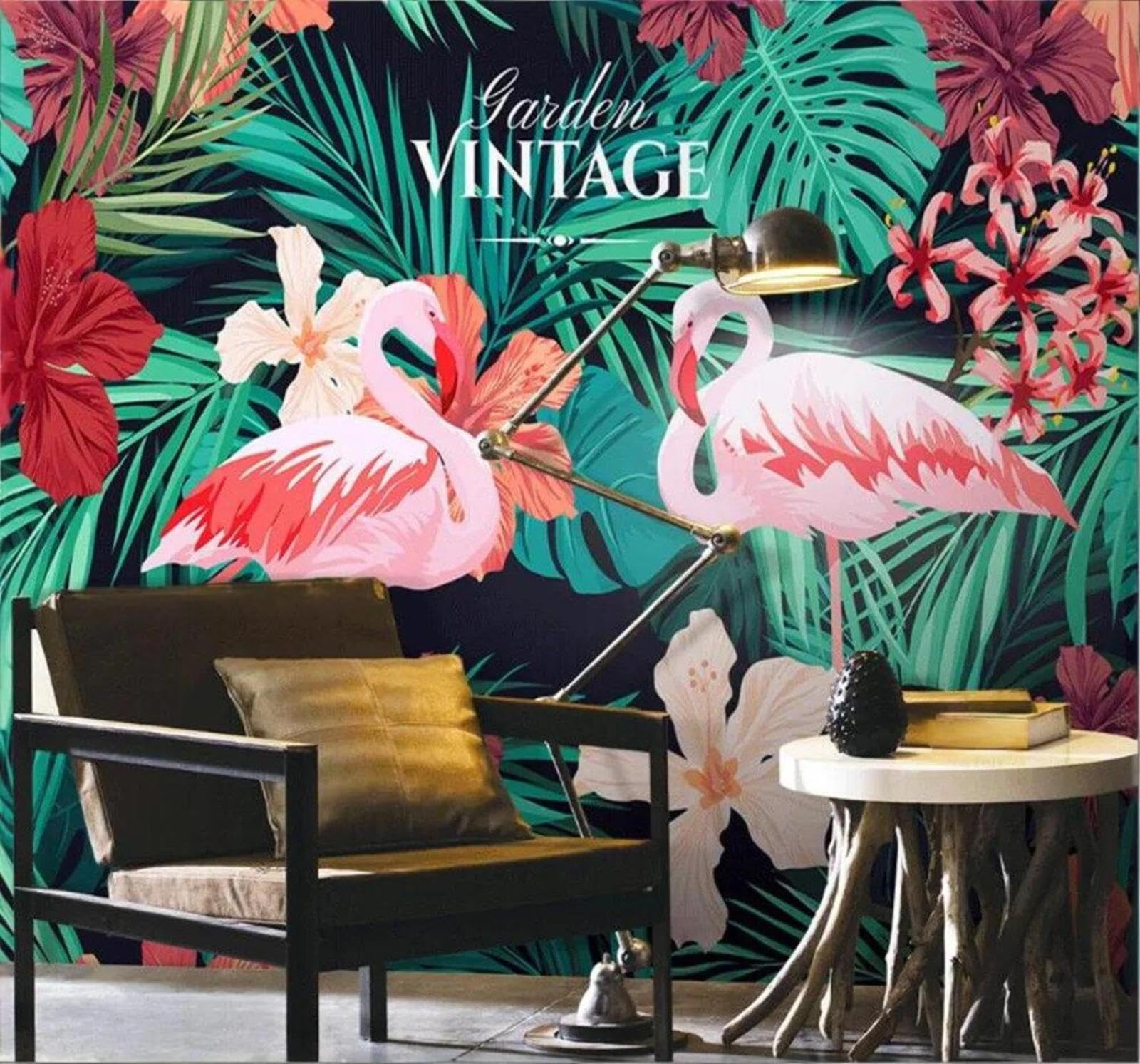 Tzxztt Hand Drawn Tropical Plants Flowers Flamingos Modern 3D Wallpaper Premium Textured Silk Neutral Tones Material Ideal for Living Room Bedroom-430cm×300cm