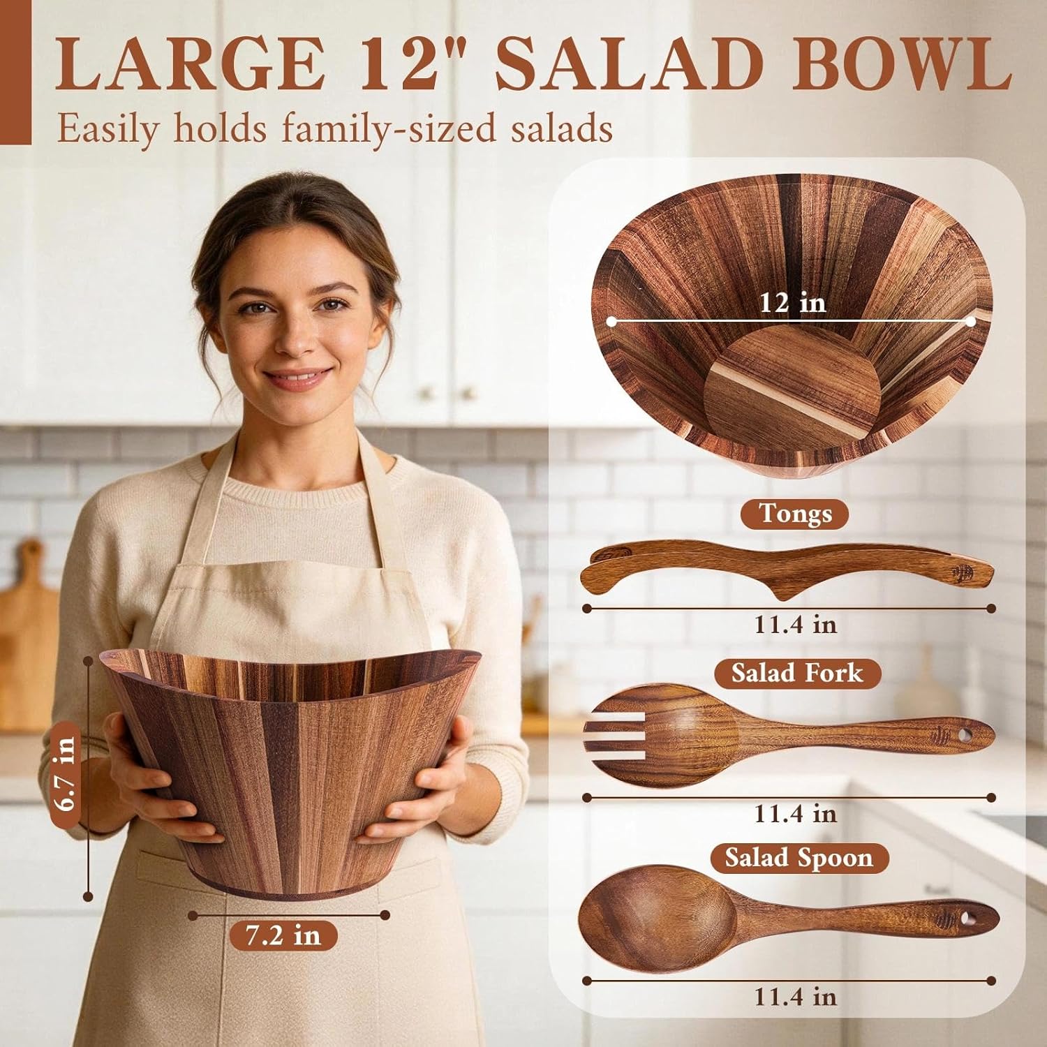 MAONAME Wooden Salad Bowl Set with Serving Utensils, 12" Large Wood Salad Serving Bowls, Food Safe Smooth Acacia Wood Bowl for Salads, Fruit & Servings, Durable Natural Wooden Accessory