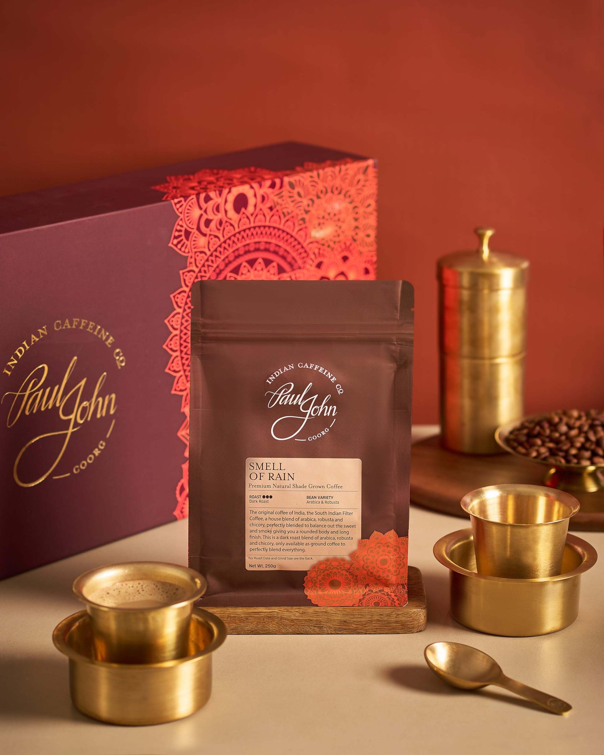 Paul John Caffeine | South Indian Brass Filter Coffee Gift Set | Smell of Rain - South Indian Filter Coffee Powder | Traditional Dabra Sets | Brass Measuring Spoon | Matt Finish-image-22