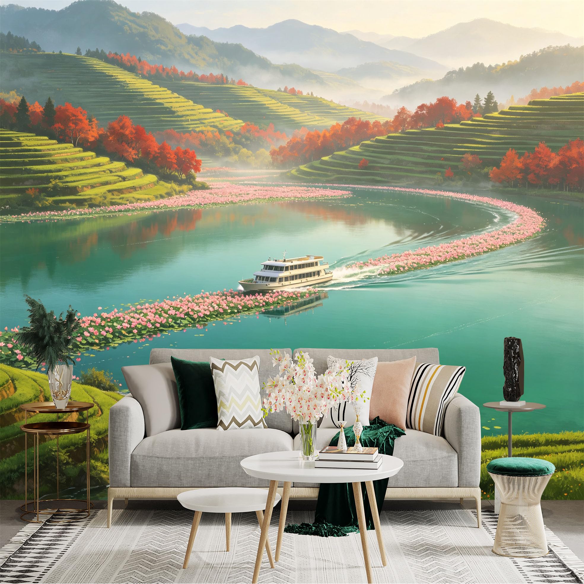 Custom Size Wall Sticker Mural， Serene River Cruise with Lotus Flowers， Terraced Hills and Autumn Foliage， for wall Decoration， peelandstick wall Decals.