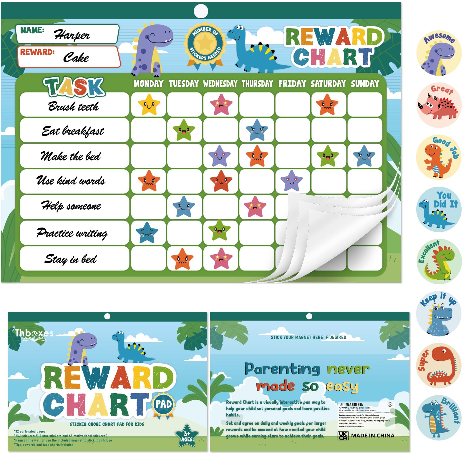 Magnetic Reward Chart for Kids, Behavior Chart Pad with 32 Perforated Chore Charts, 2112 Star Stickers, 48 Dinosaur Stickers for Home, Study, Motivate Responsibility & Good Habits