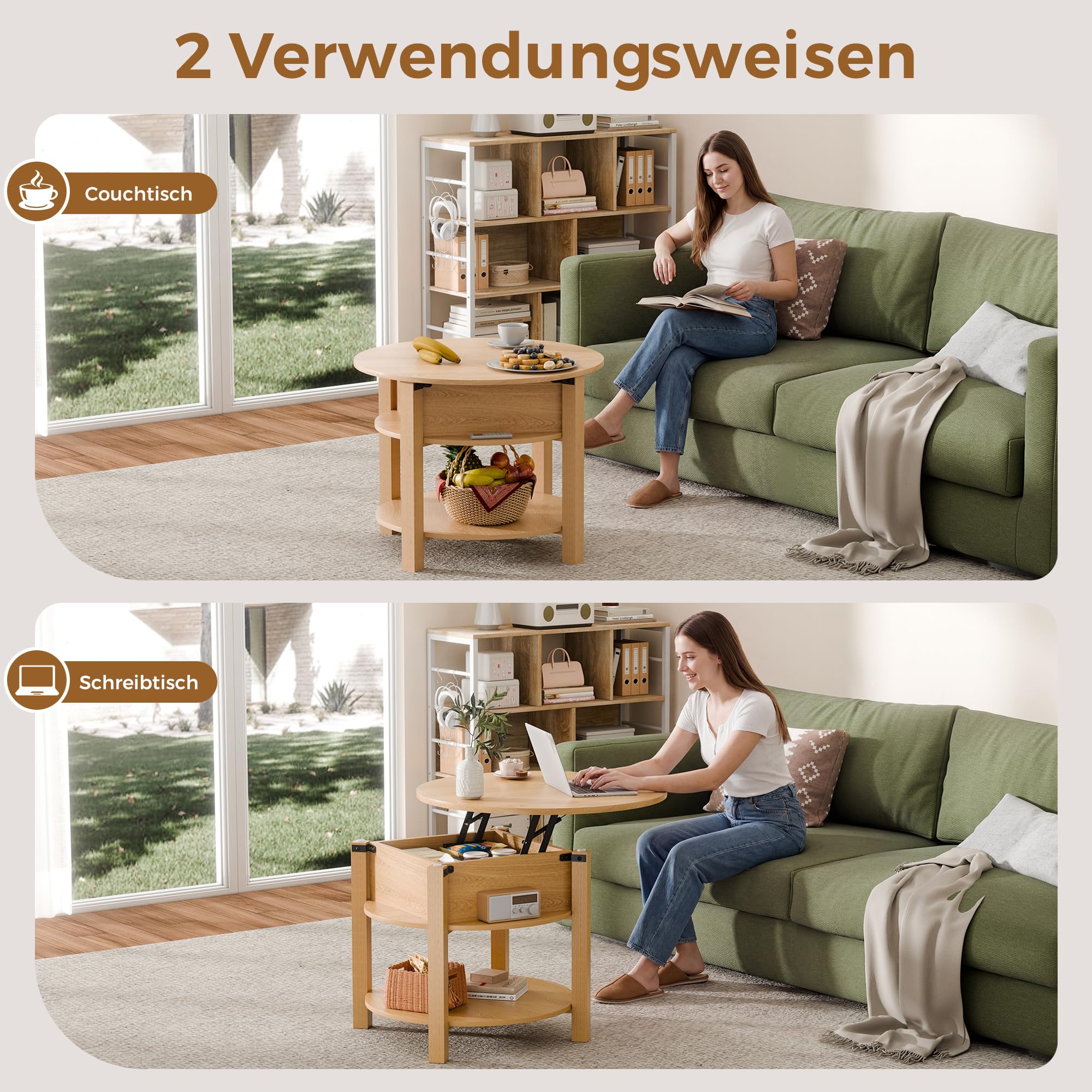 ELUCHANG Couchtisch Rund mit Hebeplatte, Couchtisch Höhenverstellbarer 2 in 1, Beistelltisch Wohnzimmertisch mit Verstecktem Ablagefach Stauraum, Offenem Fach, für Wohnzimmer/Büro, 60x60cm, Eiche