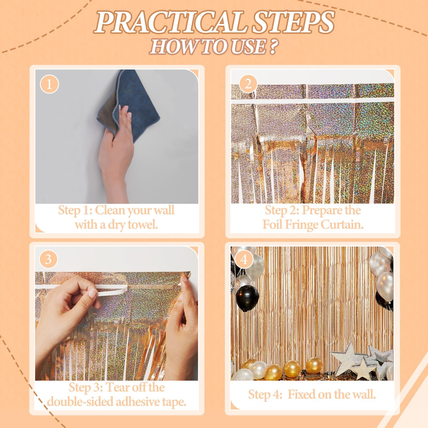 DECOCKRAT 3 Pack Foil Fringe Backdrop - Laser Champagne Shiny Tinsel Curtains for Party Decoration/Photo Booth Props - 3.3x8.2 FT Metallic Foil Backdrop for Birthday, Wedding, Graduation, Christmas.