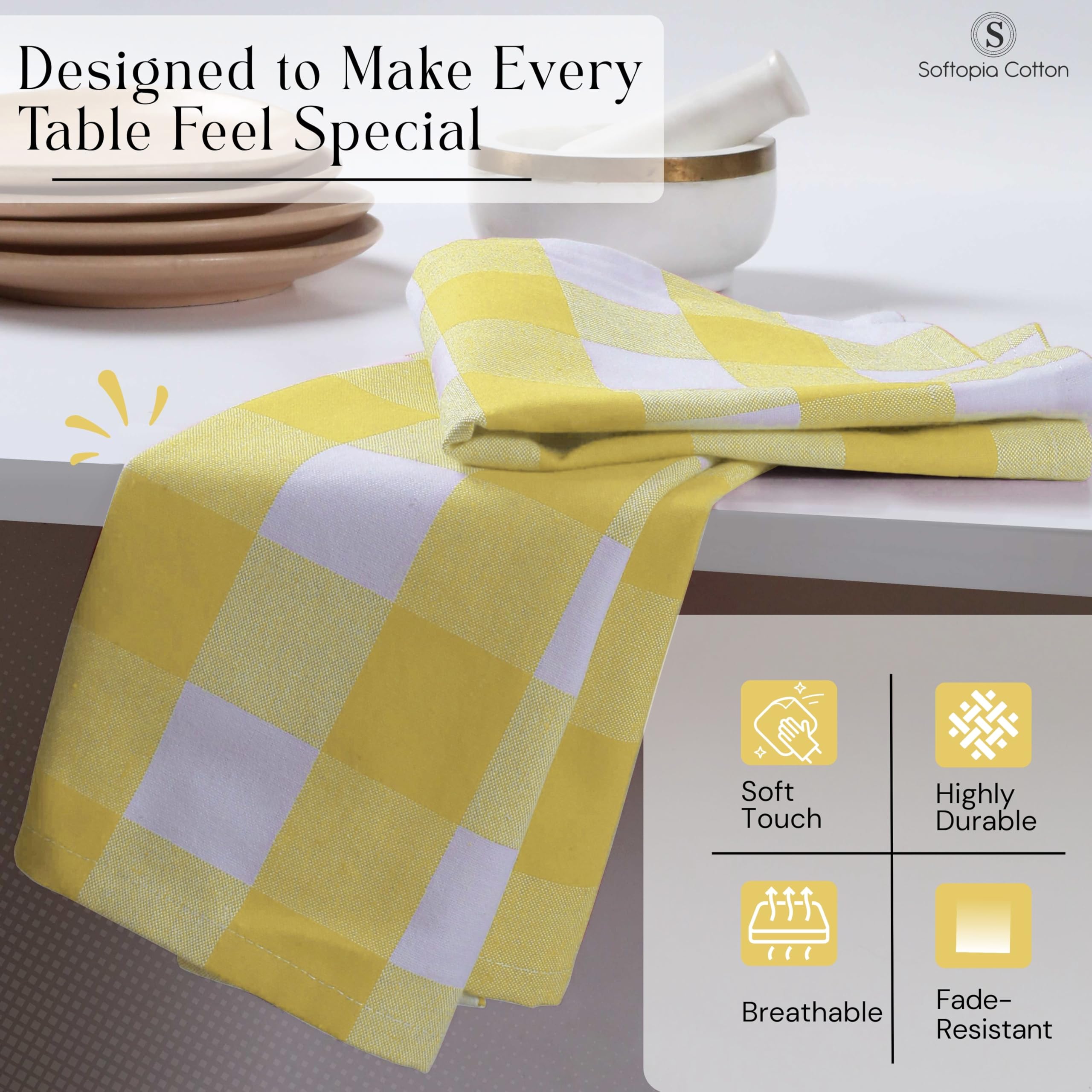 Condition photo showing New/Like New for lemon yellow buffalo plaid cloth napkins (set of 4), 16"x16", checkered fabric - soft, durable, reusable cotton napkins for weddings, dinner parties, restaurants, spring easter decor