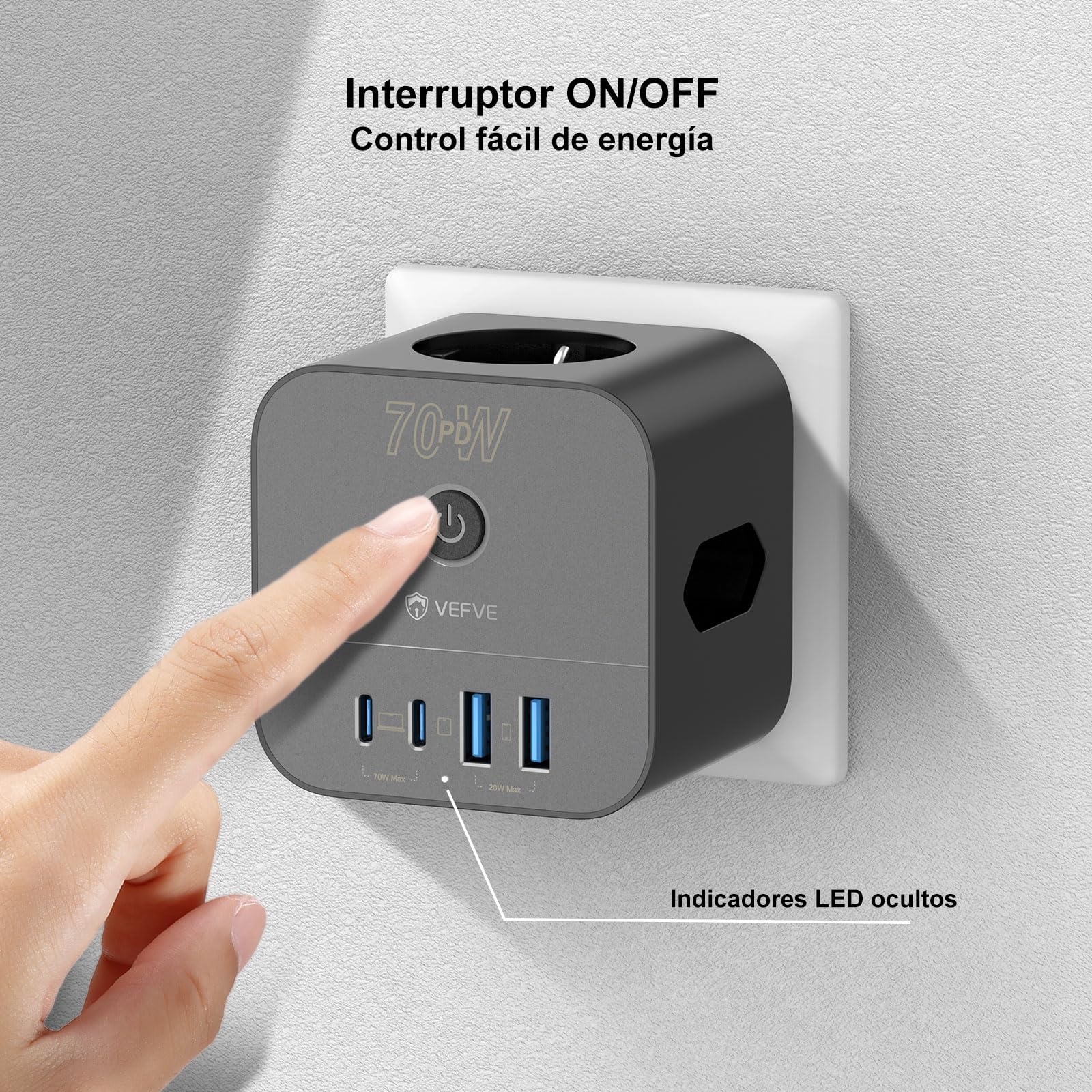 VEFVE Ladrón Enchufes Pared 70W GAN, Cubo Enchufe Múltiple 7 en 1 Sin Cable con Interruptor, Cargador Rápido USB C para iPhone 17, MacBook, Galaxy, Negro