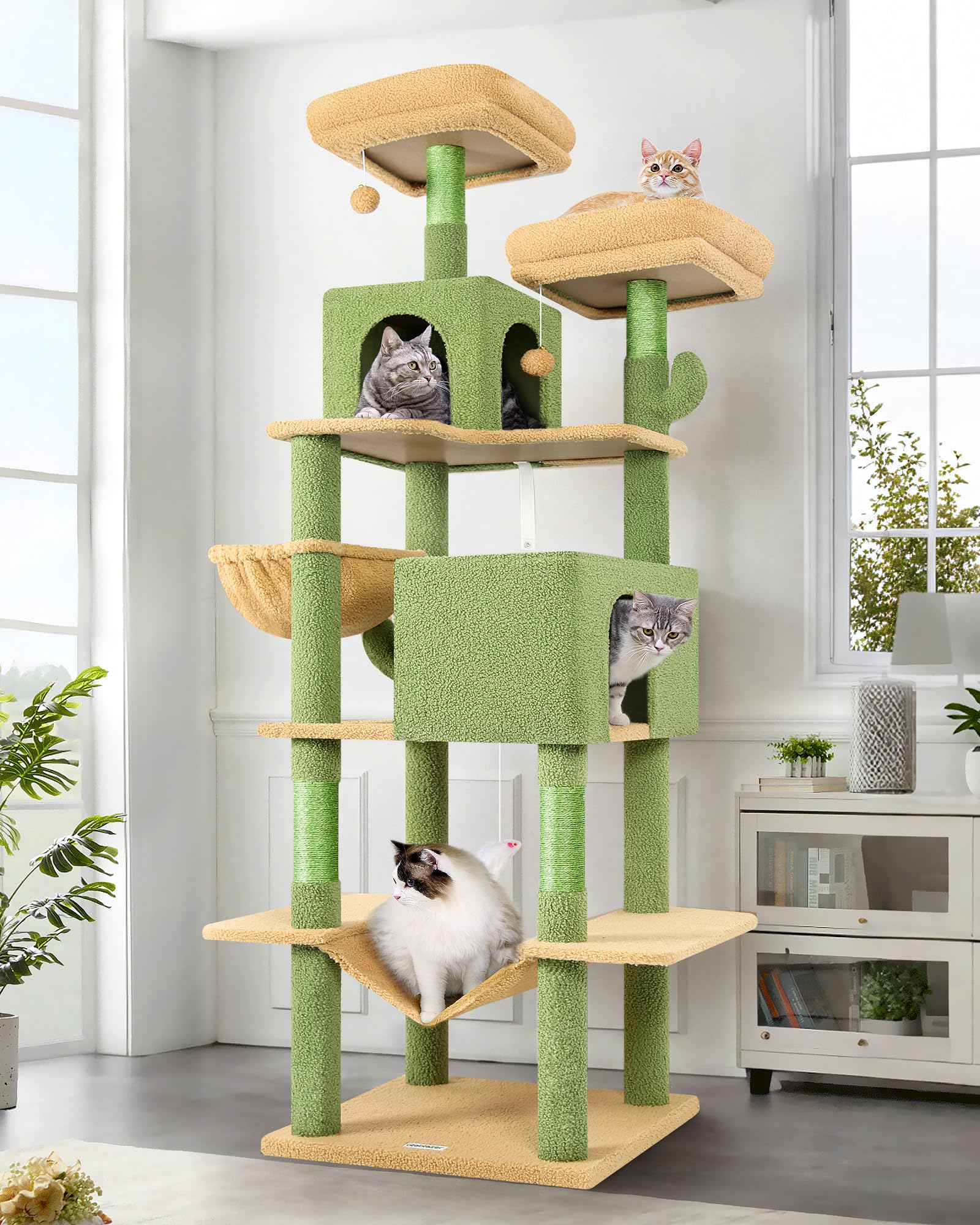 Globlazer Tiragraffi Cactus Verde per Gatti XXL 195 cm Alto con 2 Grotte, 2 Trespoli Imbottiti, Grande Amaca 50*33CM, Cesto, Stabile Tiragraffi per Gatti Adulti Riposare Giocare Interno (F76, Verde)