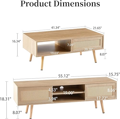 Miniatura 3 de Juego de mesa auxiliar y soporte de TV, puerta corredera de ratán natural estilo bohemio, mesa de centro de granja y soporte de TV con