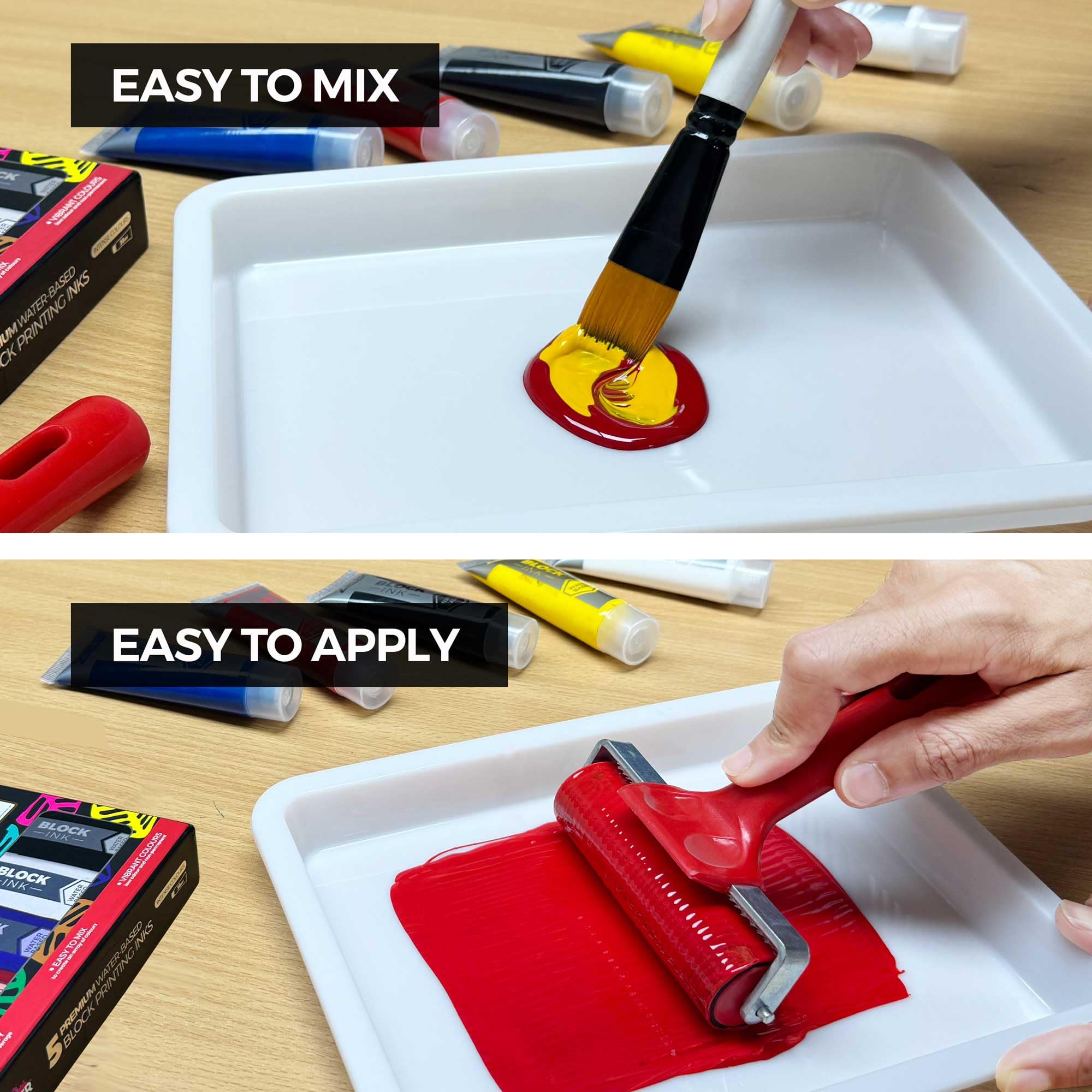 5 tintas de impresión en bloque a base de agua | Negro, azul, rojo, blanco y amarillo | Tubos de alta concentración de 38 ml | Fácil de mezclar | Alta opacidad Zieler