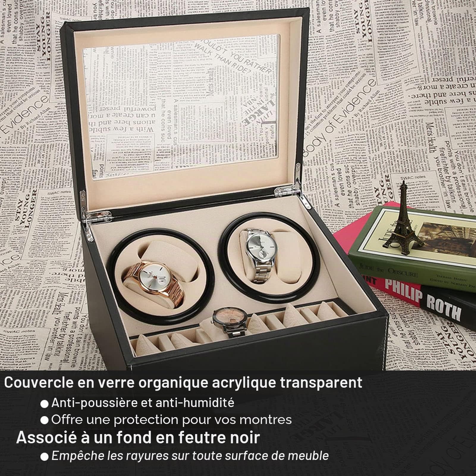 Greensen Coffret Remontoir Automatique pour Montres – Boîtier de Rangement avec Support Tournant Silencieux pour 4 à 6 Montres, Design Noir Élégant et Compact