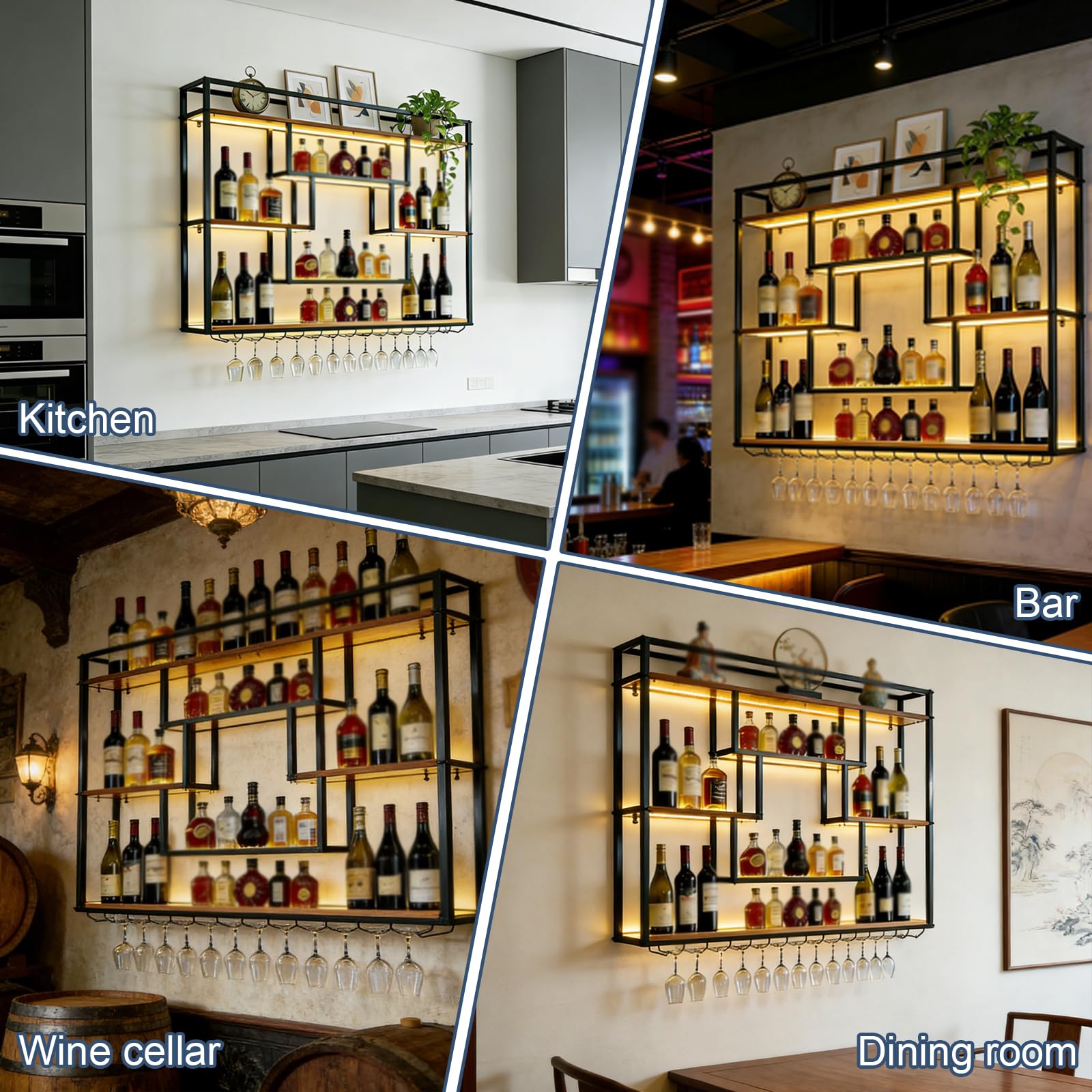 140cm Portabottiglie da Parete con luce LED, Metallo Porta Bottiglie Vino Con Portabicchieri, Grande Espositore per Bottiglie di Vino, Per Bar Domestico, Sala da Pranzo